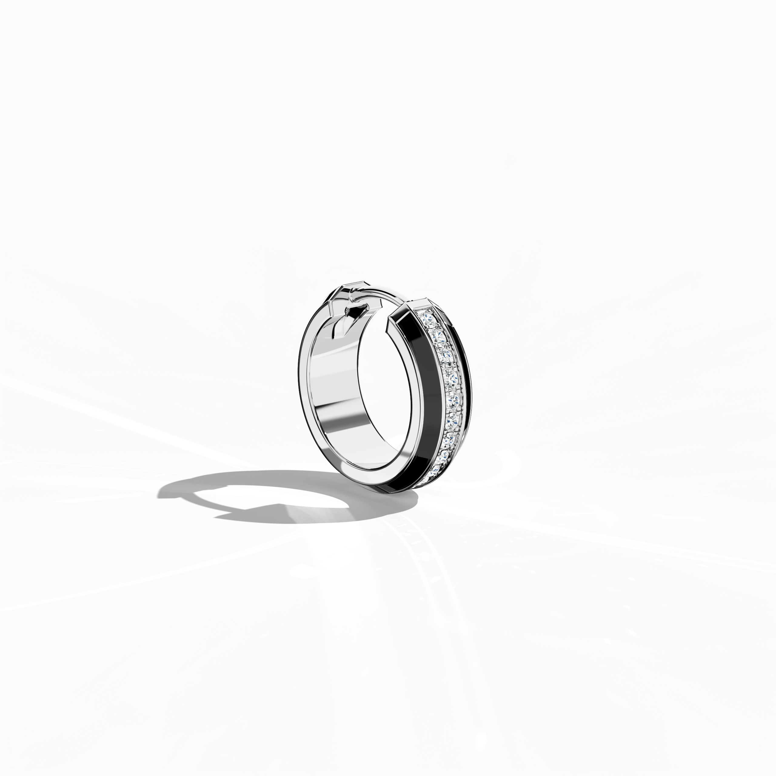 Front side view of Exquisite black enamel pavé stud earring in white gold – a refined piece of fine jewelry/fine jewellery and a chic ear accessory featuring a sleek, densely diamond-pavé setting on a bold black enamel face, ideal for everyday elegance
