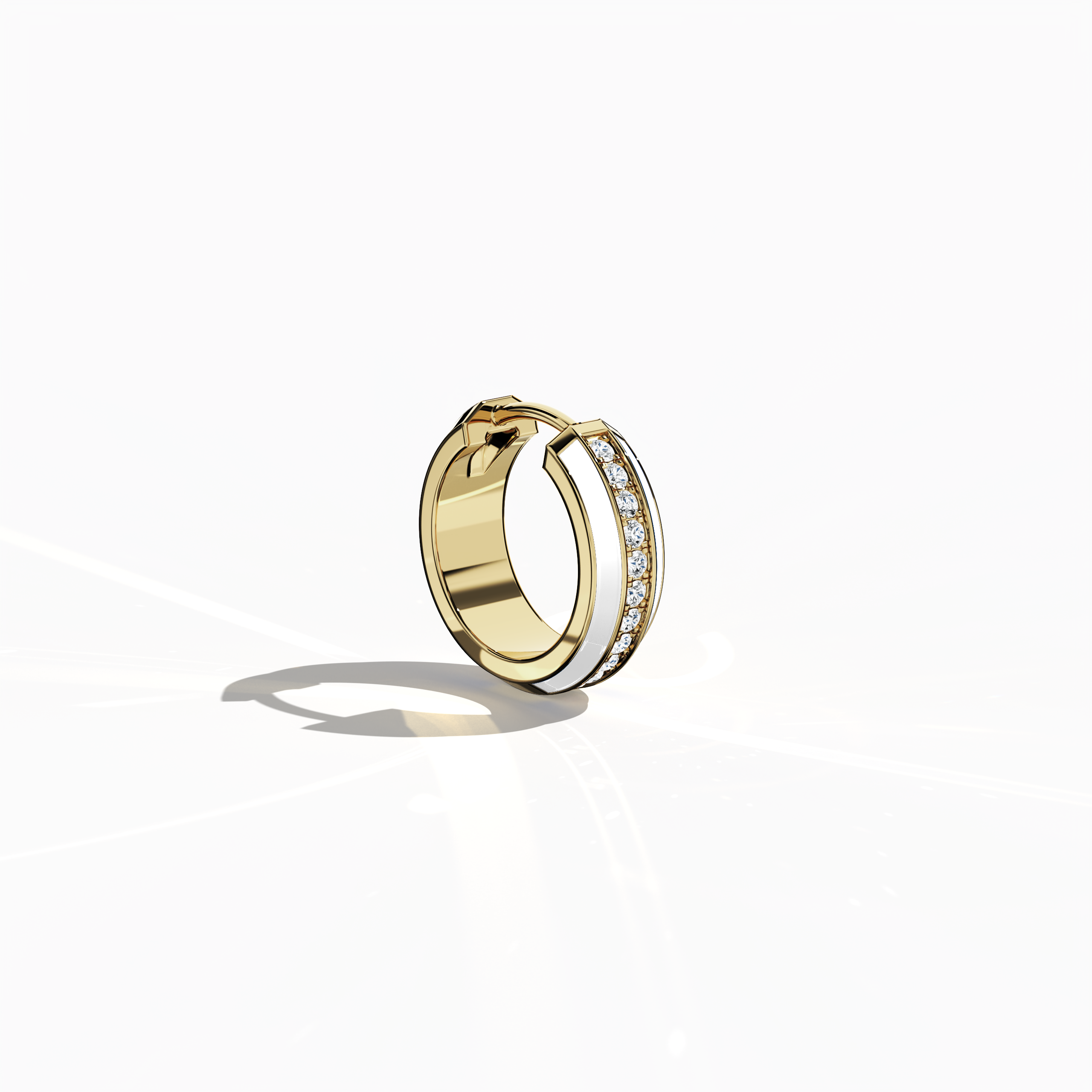 Front side view of Luminous white enamel pavé stud earring in yellow gold – a modern piece of fine jewelry/fine jewellery and a graceful ear accessory that blends a soft white enamel surface with exquisite pavé diamond detailing on a gleaming yellow gold base for refined sparkle.