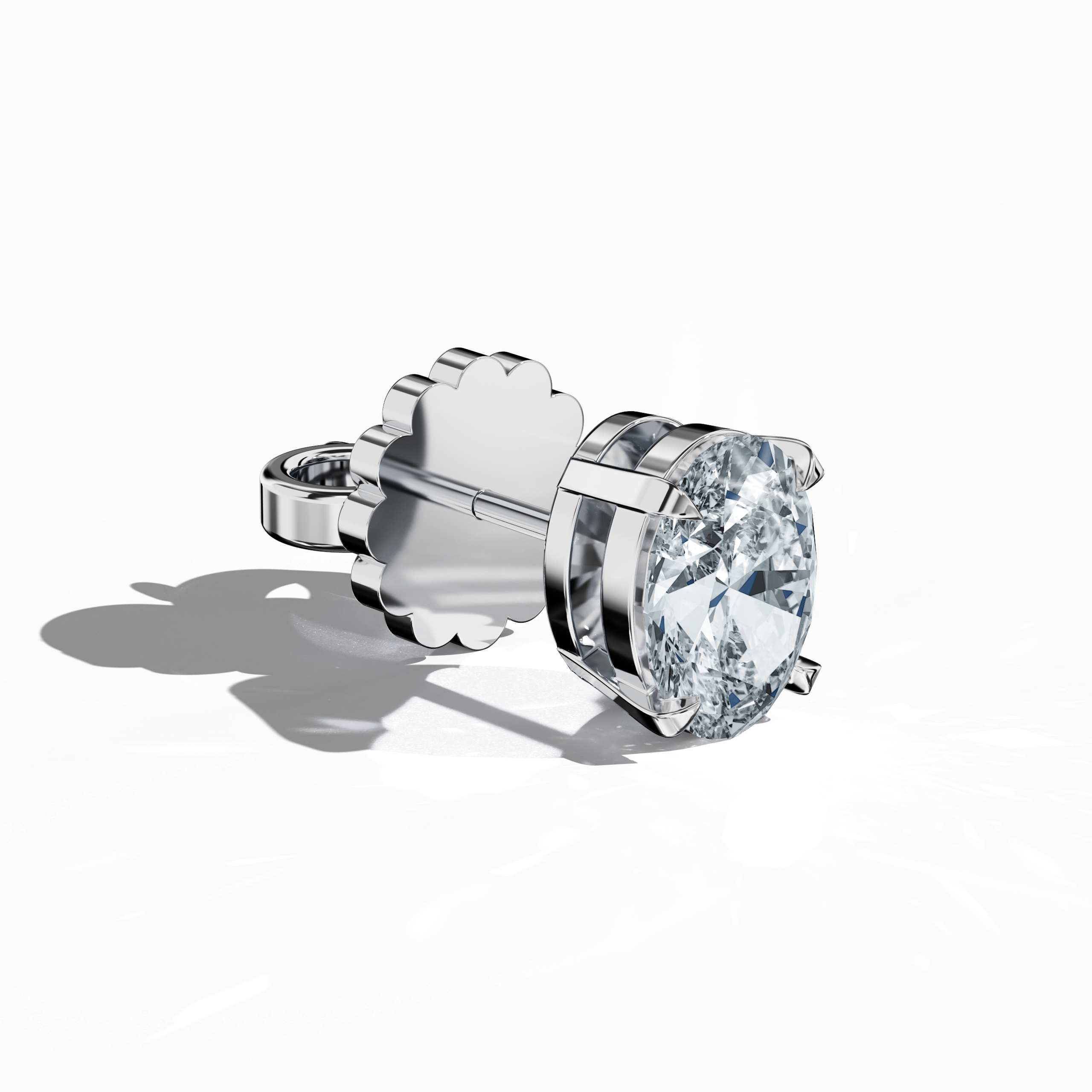 Front top side view of 1-carat natural diamond earring in 18k white gold with nail prong setting; features an oval cut diamond (also known as oval brilliant or elongated oval in some regions) – luxury fine jewelry/fine jewellery ear accessory.
