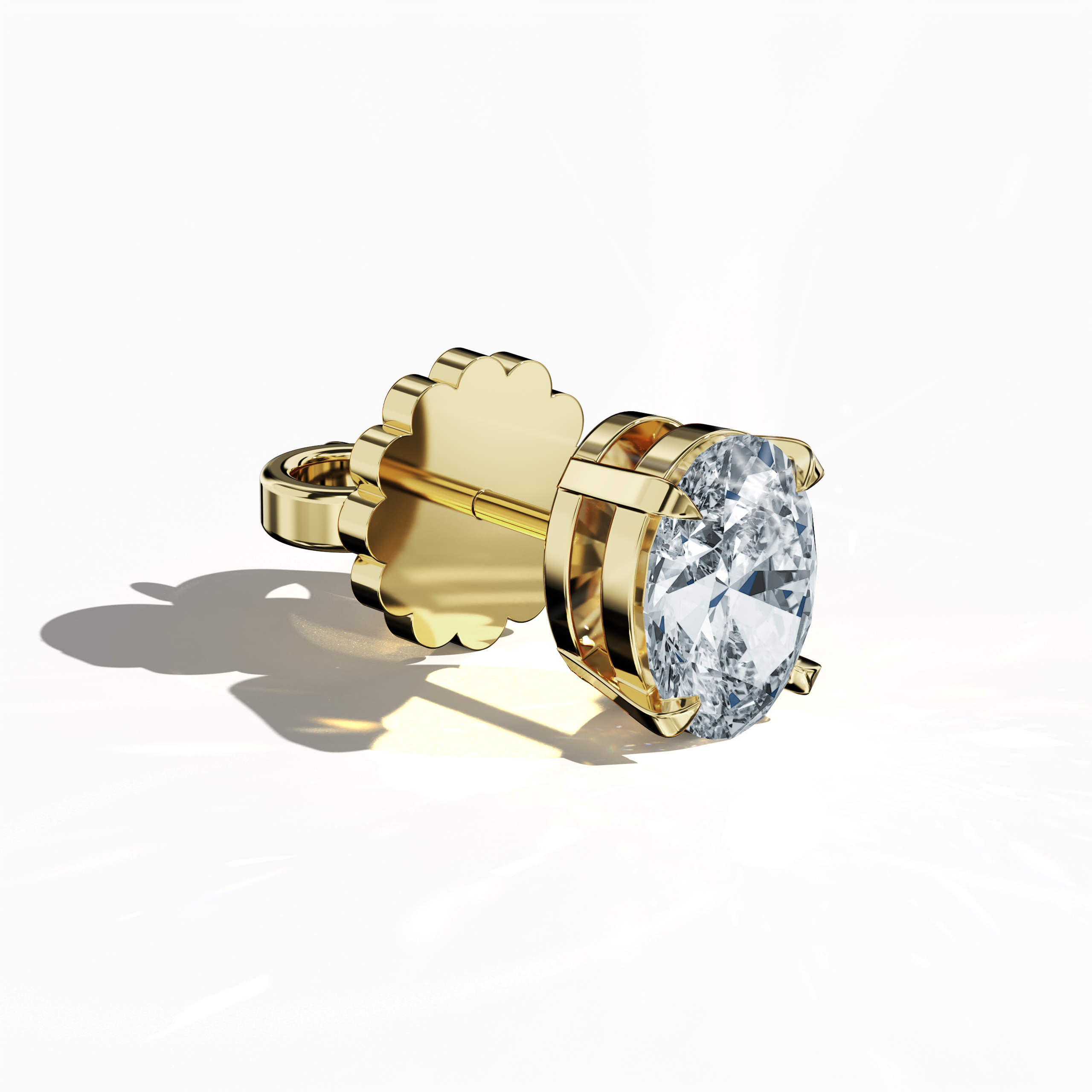 Front top side view of 1-carat natural diamond earring in 18k yellow gold with nail prong setting; features an oval cut diamond (also known as oval brilliant or elongated oval in some regions) – luxury fine jewelry/fine jewellery ear accessory.