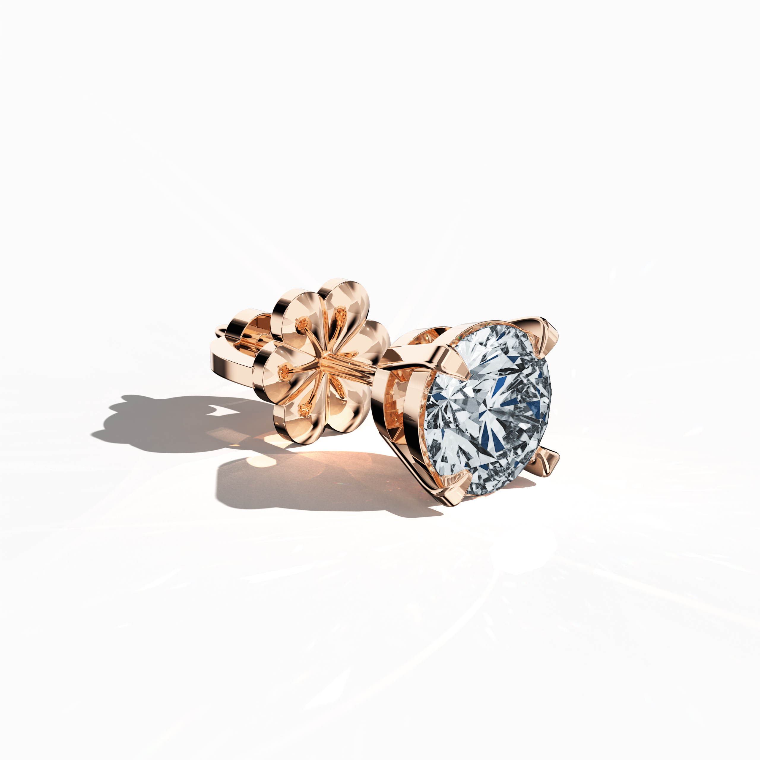 Front top side view of 2 carat natural diamond stud earrings in classic basket and Nail Prong/claw settings, crafted in 18k Rose gold.