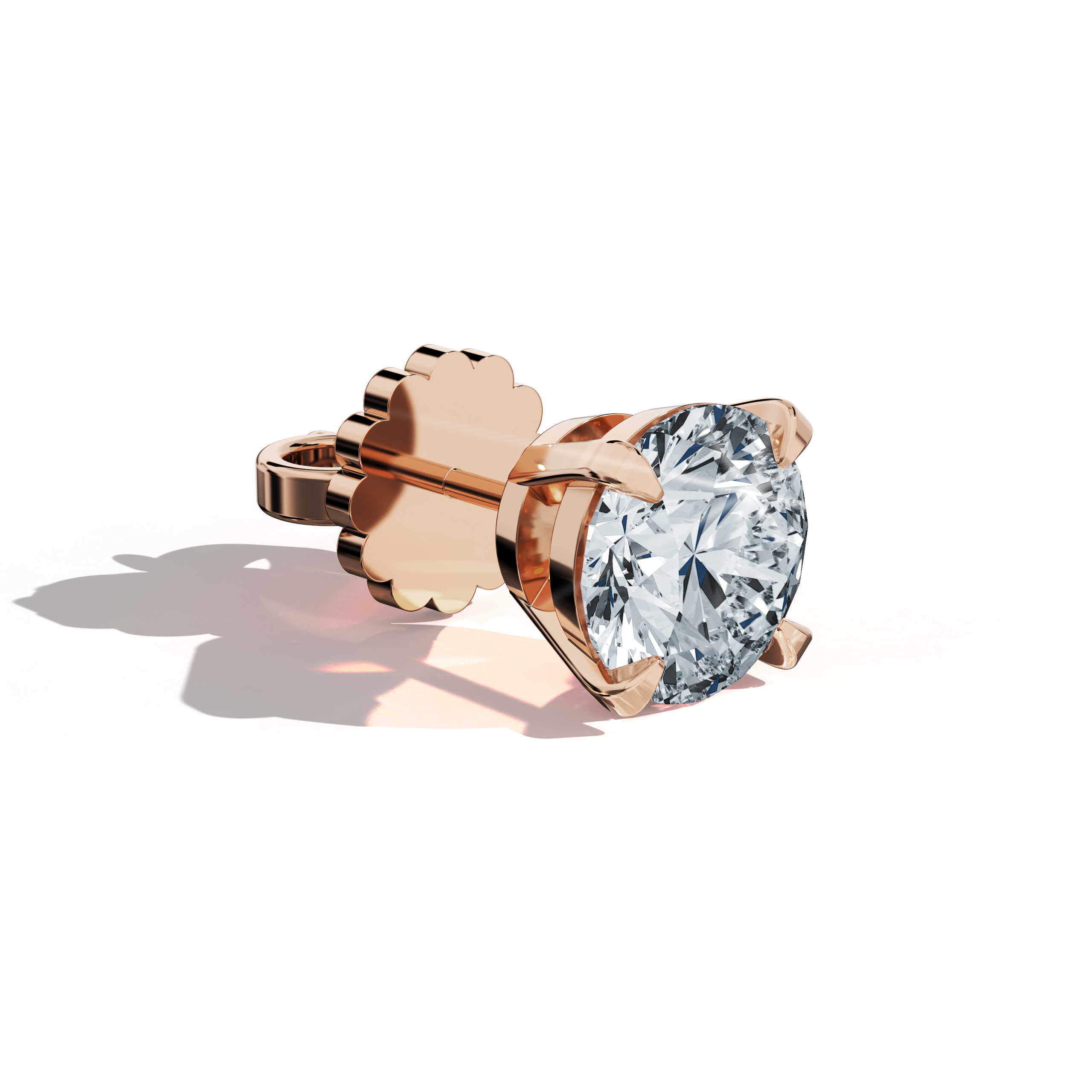 Front top side view of 4 carat natural diamond stud earrings in classic basket and Nail Prong/claw settings, crafted in 18k rose gold.