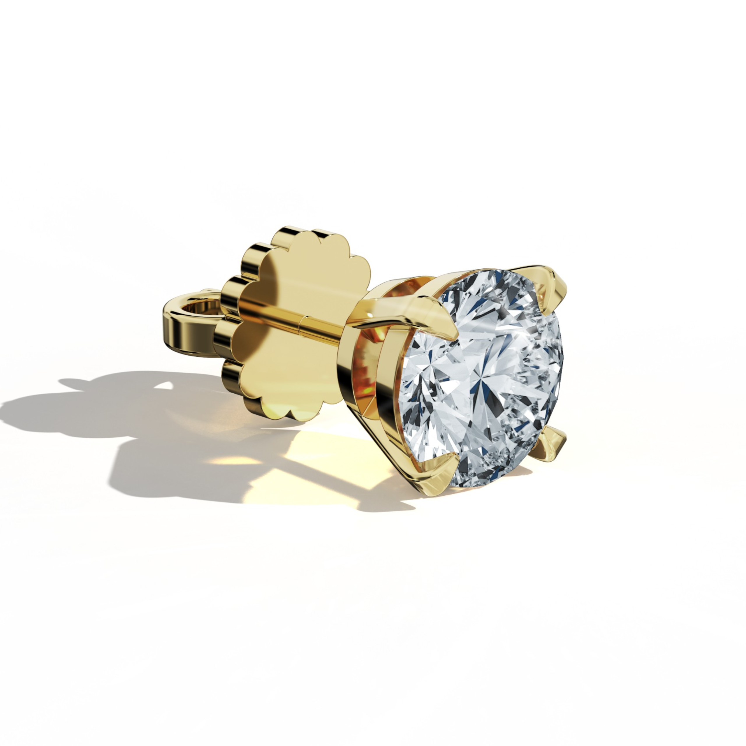 Front top side view of 6 carat natural diamond stud earrings in classic basket and Nail Prong/claw settings, crafted in 18k yellow gold.