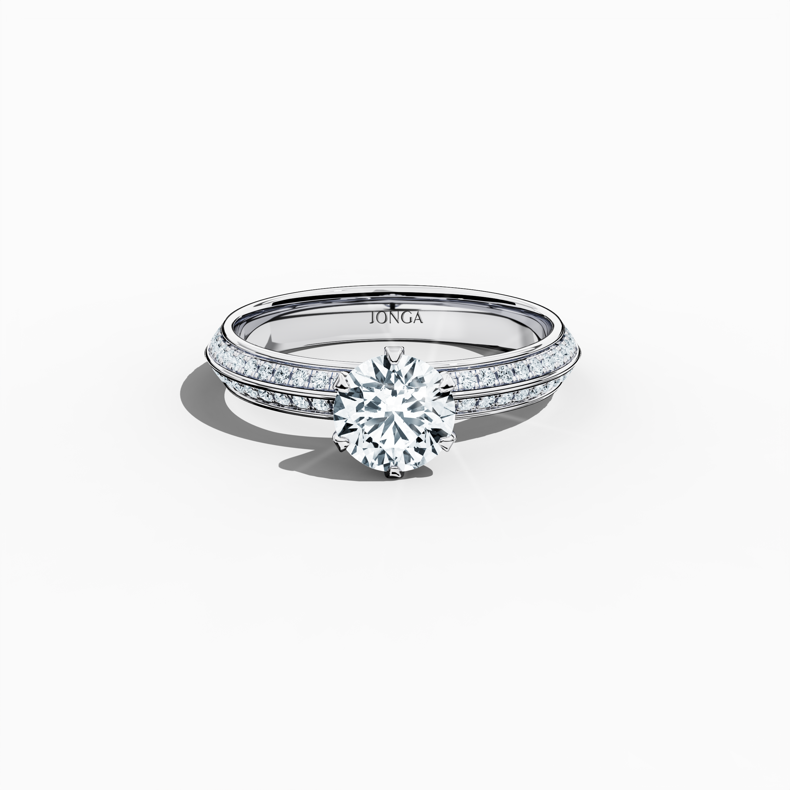 "Elegant 1.40 ct diamond ring in a pavé setting, with a 1 ct center diamond and 0.40 ct side stones, crafted in silvery white gold with a dual‑tier band defined by a crisp central line. Captured from a front top view, this fine jewelry/fine jewellery ring highlights its contemporary design and brilliant sparkle.