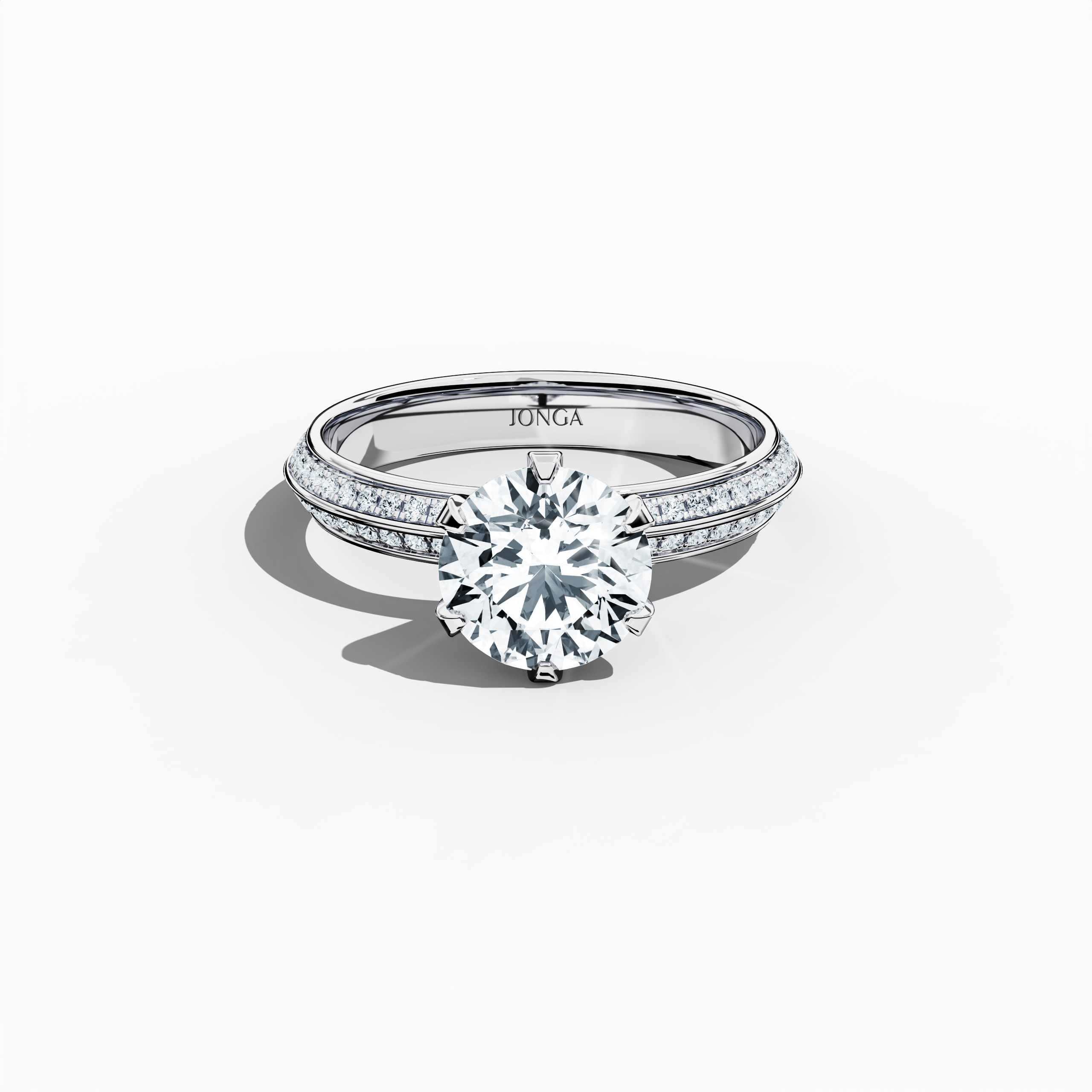 Elegant 2.40 ct diamond ring in a six‑prong baby claw setting with a pavé band—comprising a 2 ct center stone and 0.40 ct side stones—rendered in silvery white gold with a dual‑tier, step‑accented band. Captured from a front top view, this fine jewelry/fine jewellery ring highlights its refined pavé detailing and exceptional sparkle.