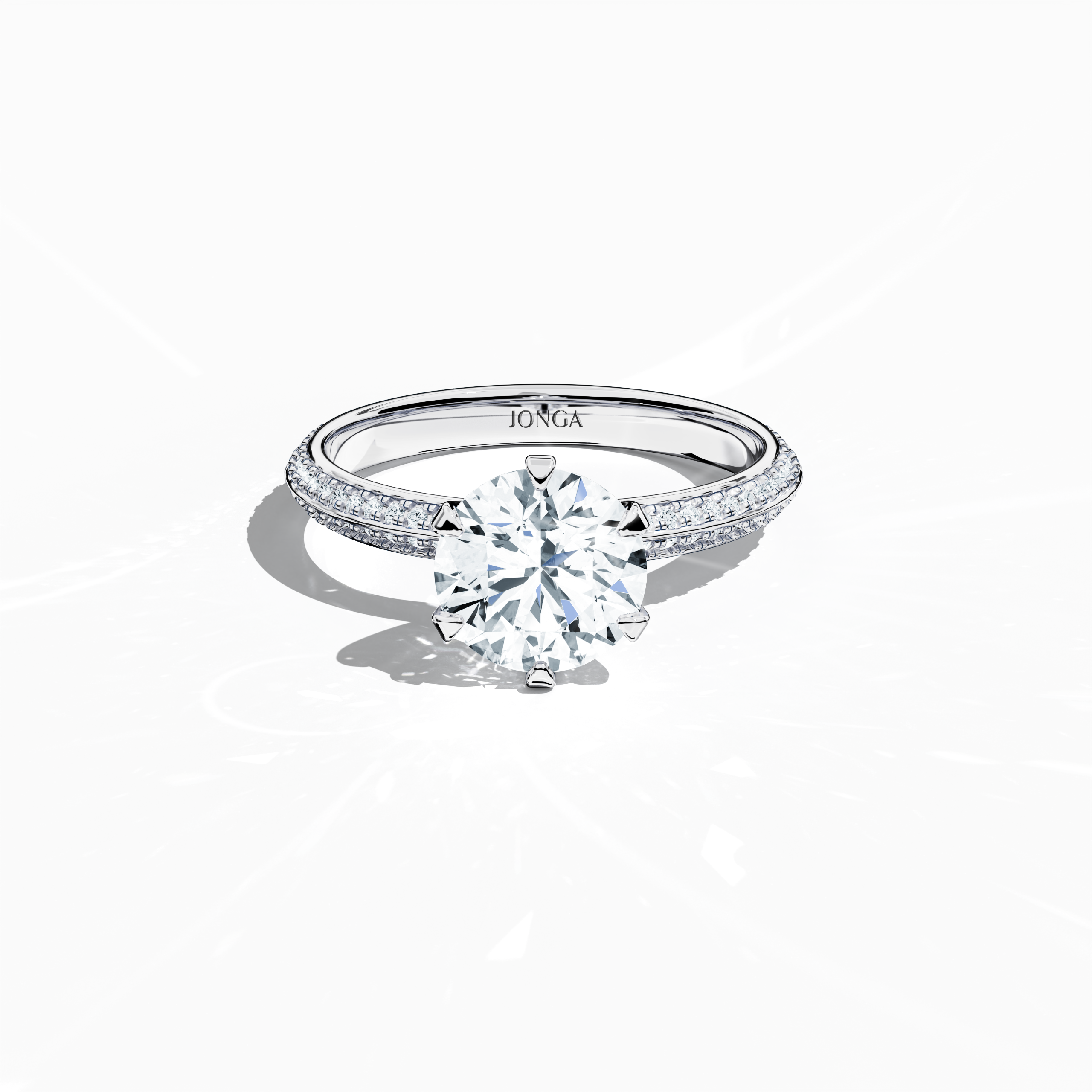 Elegant 2.40 ct diamond ring in a six‑prong baby claw setting with a pavé band—comprising a 2 ct center stone and 0.40 ct side stones—rendered in silvery white gold with a dual‑tier, step‑accented band. Captured from a front top view, this fine jewelry/fine jewellery ring highlights its refined pavé detailing and exceptional sparkle.