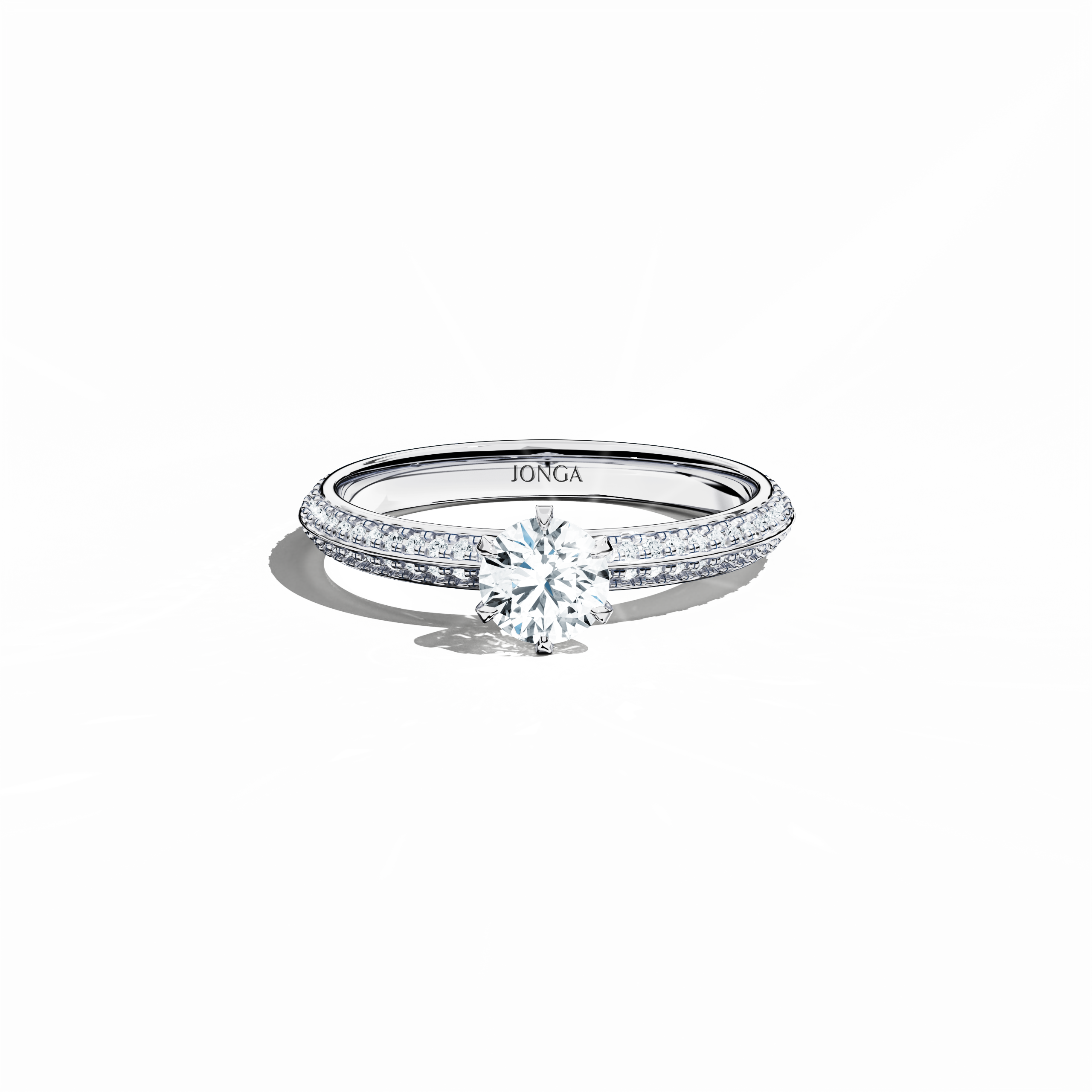 Elegant 0.90ct diamond ring in a six‑prong baby claw setting with a pavé band – comprising a 0.50 ct center stone and 0.40 ct side stones – rendered in silvery white gold with a dual‑tier, step‑accented band. Captured from a front top view, this fine jewelry/fine jewellery ring highlights its contemporary pavé setting and brilliant sparkle.