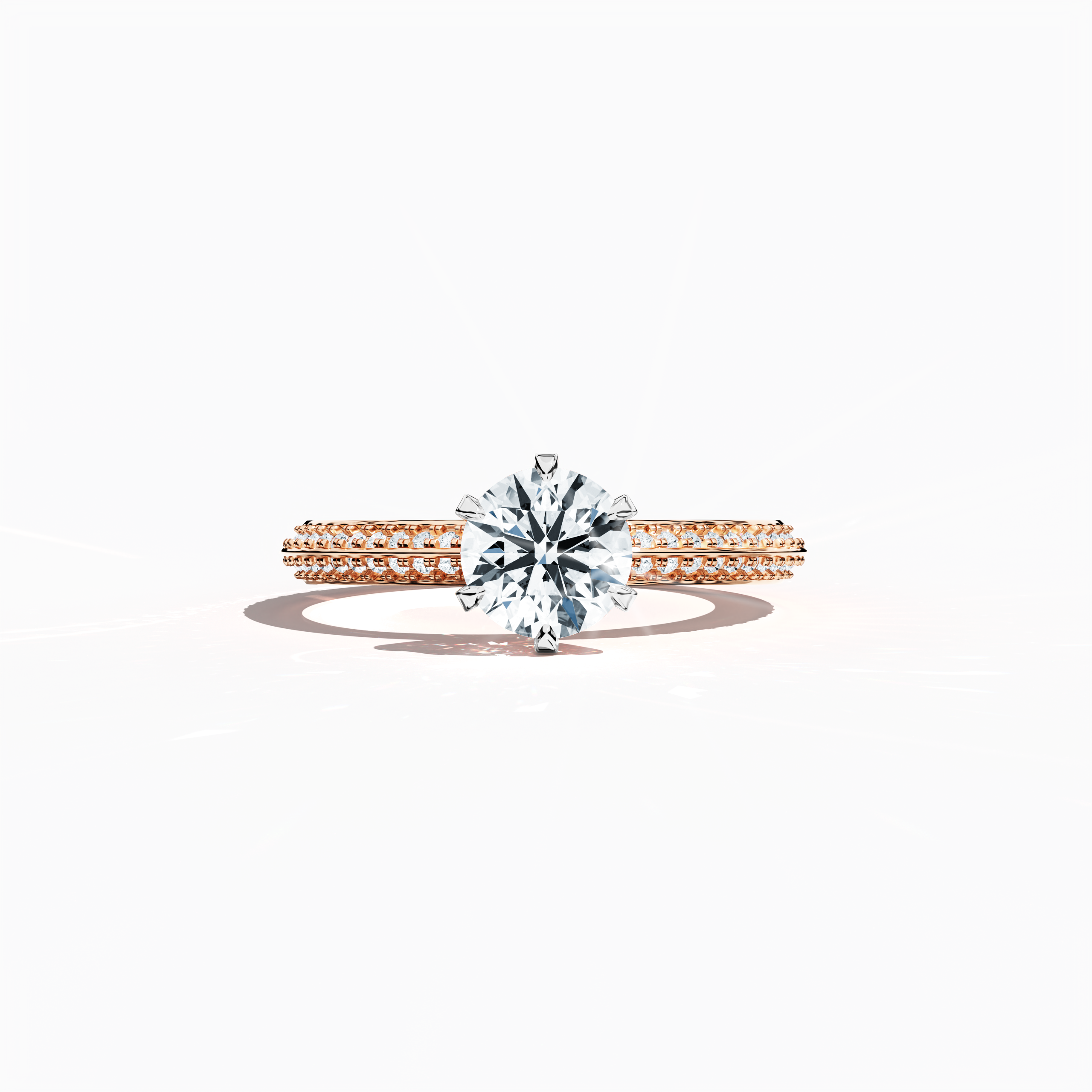Solitaire paved ring with 1.40 ct total diamonds – featuring a 1 ct center diamond and 0.40 ct pavé side stones – set in a soft rose gold band (blush/pink gold) with a modern two‑step design and a sharp central line. Shown in a sleeping front view on a flat surface, this fine jewelry/fine jewellery ring exudes romantic warmth and contemporary elegance.