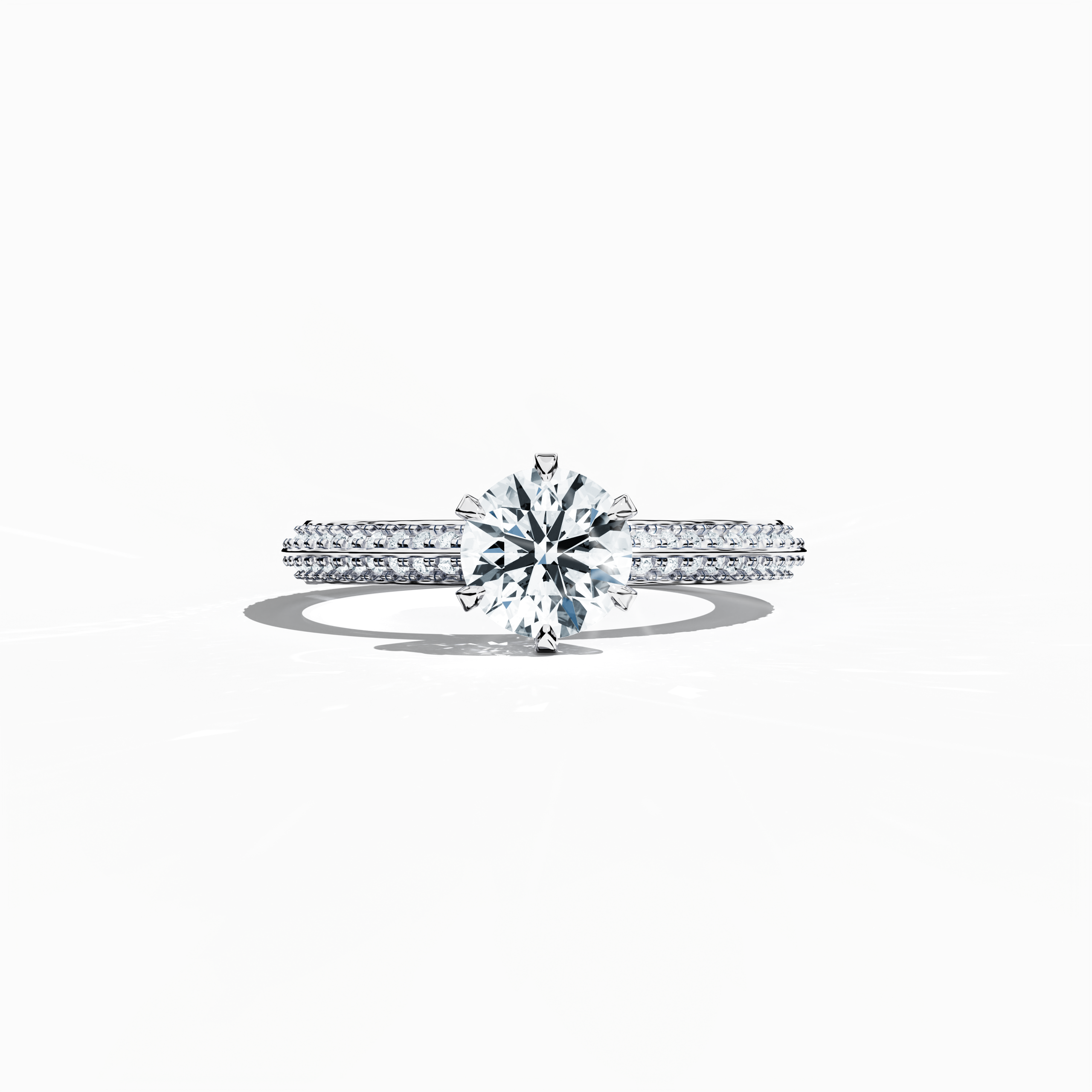 Solitaire paved ring with 1.40 ct total diamonds – featuring a 1 ct center stone and 0.40 ct pavé side stones – set in a bright white gold band with a modern two‑step design and a sharp central line. Shown in a sleeping front view on a flat surface, this fine jewelry/fine jewellery piece exudes sleek, luminous elegance.