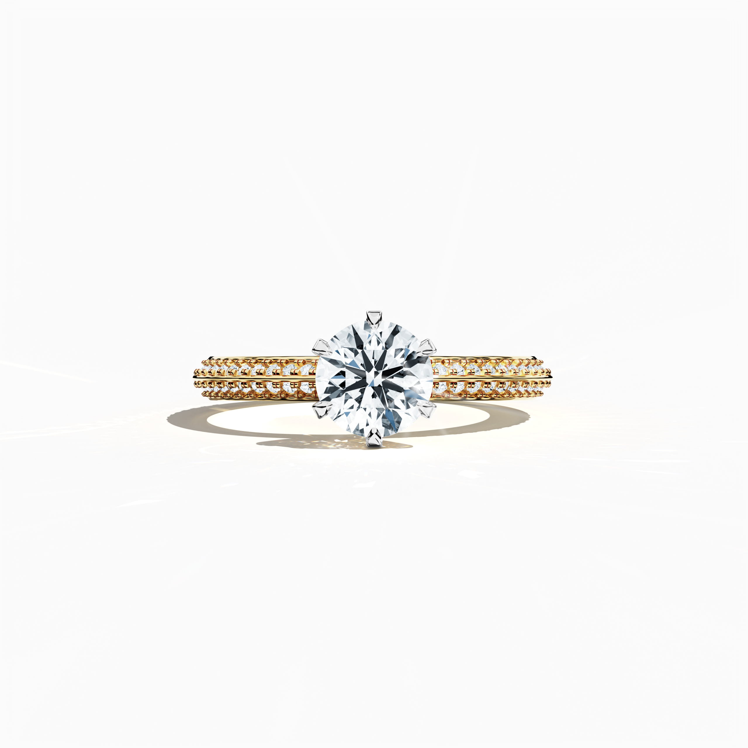 Solitaire paved ring with 1.40 ct total diamonds – featuring a 1 ct center diamond and 0.40 ct pavé side stones – set in a rich yellow gold band with a modern two‑step design and a sharp central line. Shown in a sleeping front view on a flat surface, this fine jewelry/fine jewellery ring radiates warm, classic brilliance.