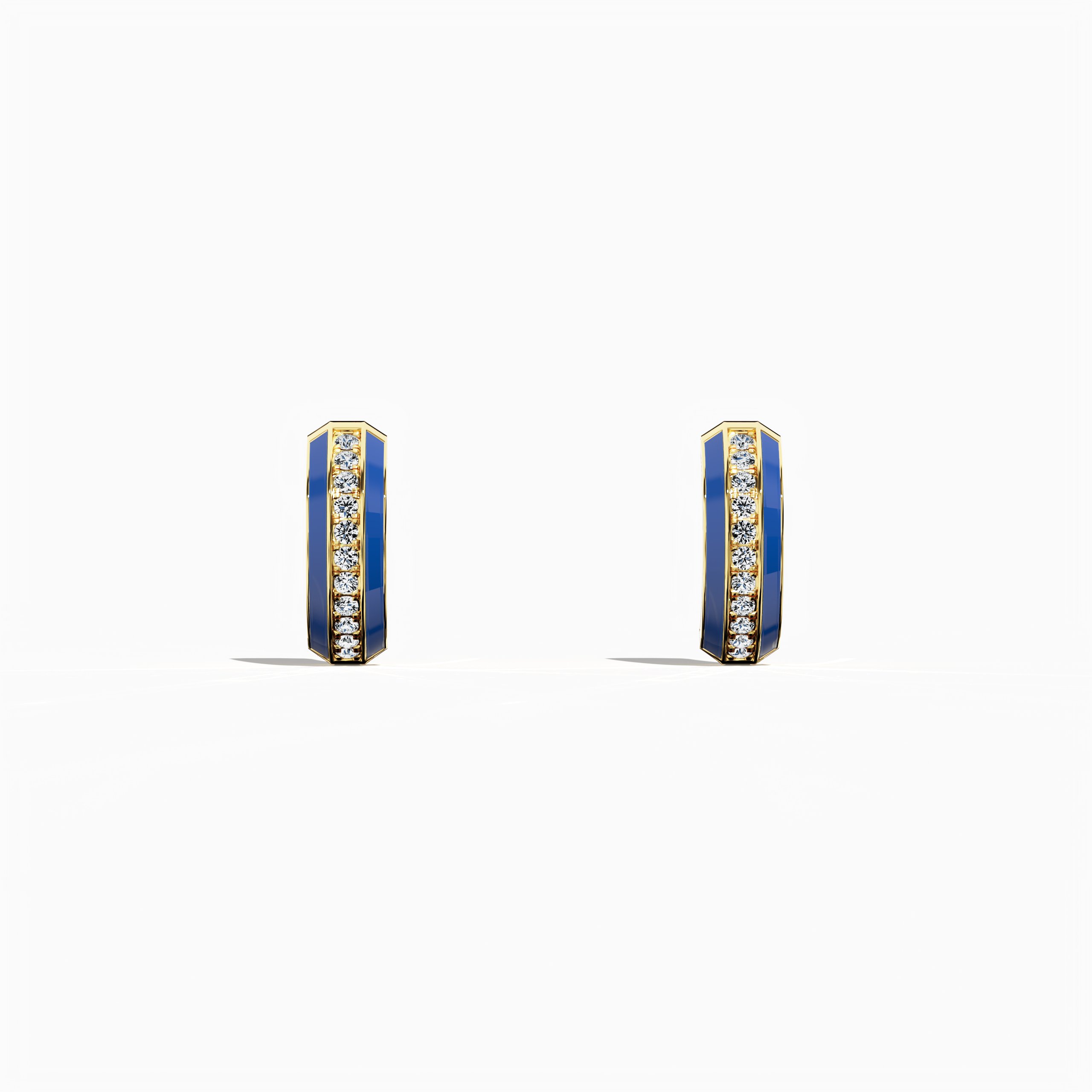 Front view of Vibrant blue enamel pavé stud earring in yellow gold – a dazzling diamond ear accessory featuring a bold blue enamel finish set amid a meticulous pavé of tiny diamonds on a radiant yellow gold setting, ideal for a standout look.
