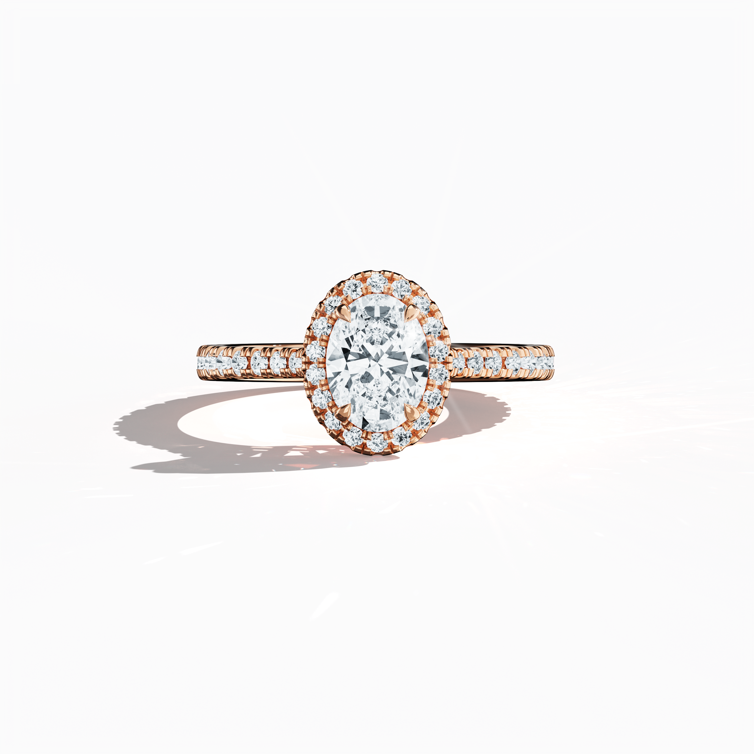 Exquisitely detailed image of a rose gold halo paved ring captured in a sleeping front view, highlighting a luminous 1ct oval-cut central diamond embraced by a delicate 0.60ct side diamond halo. The band, rendered in warm rose, pink, and blush gold hues, features intricate pavé detailing that reflects classic halo, vintage halo, modern halo, and bridal halo designs. Keywords: luxury, elegance, refined craftsmanship, oval brilliance, romantic allure.