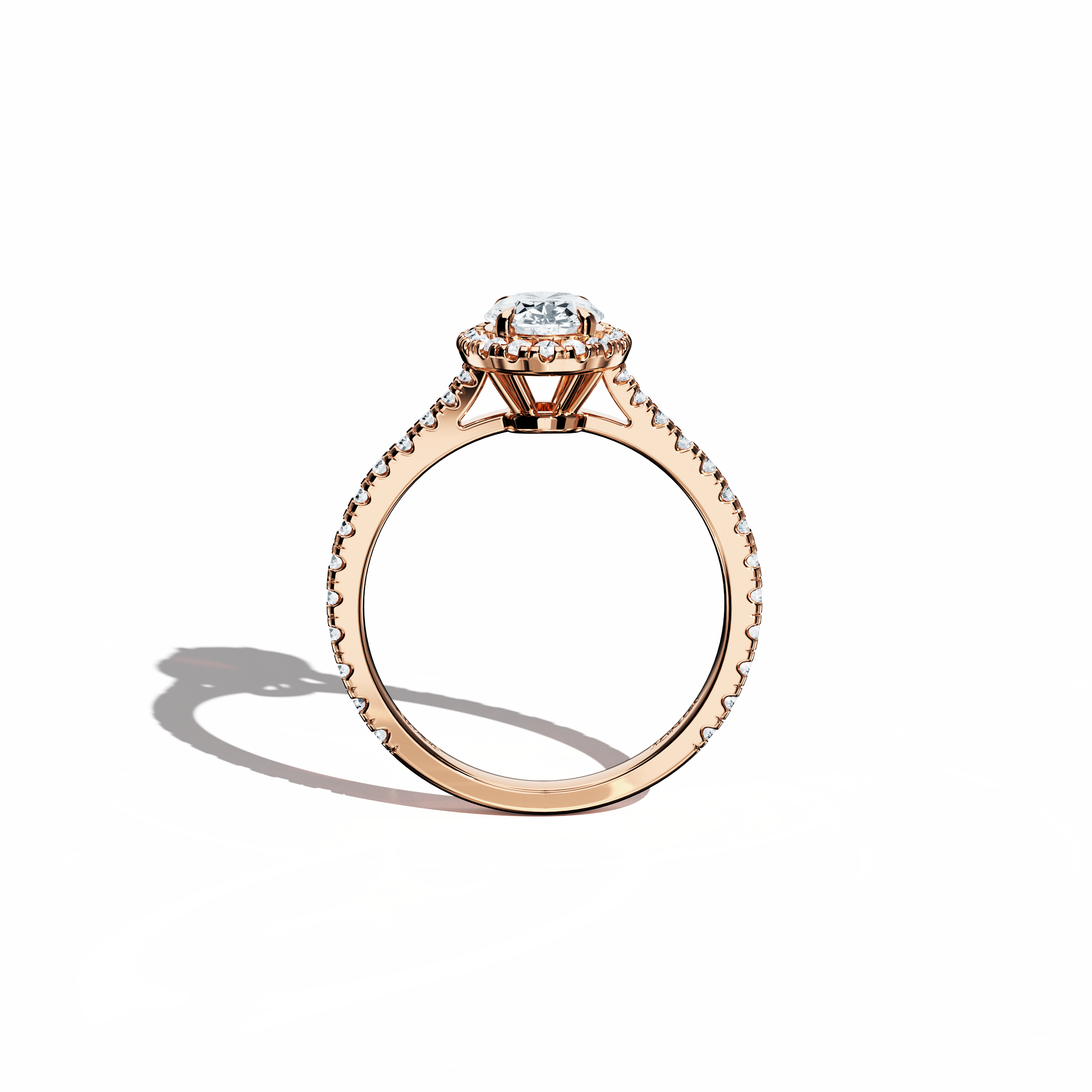 Vivid standing front view of a rose gold halo paved ring, emphasizing the brilliant 1ct oval-cut central diamond and its encircling 0.60ct side diamond halo. The band, displayed in warm rose, pink, and blush gold, exhibits meticulous pavé craftsmanship inspired by classic halo, vintage halo, modern halo, and bridal halo designs. Keywords: exquisite, timeless, refined luxury, oval radiance, contemporary artistry.