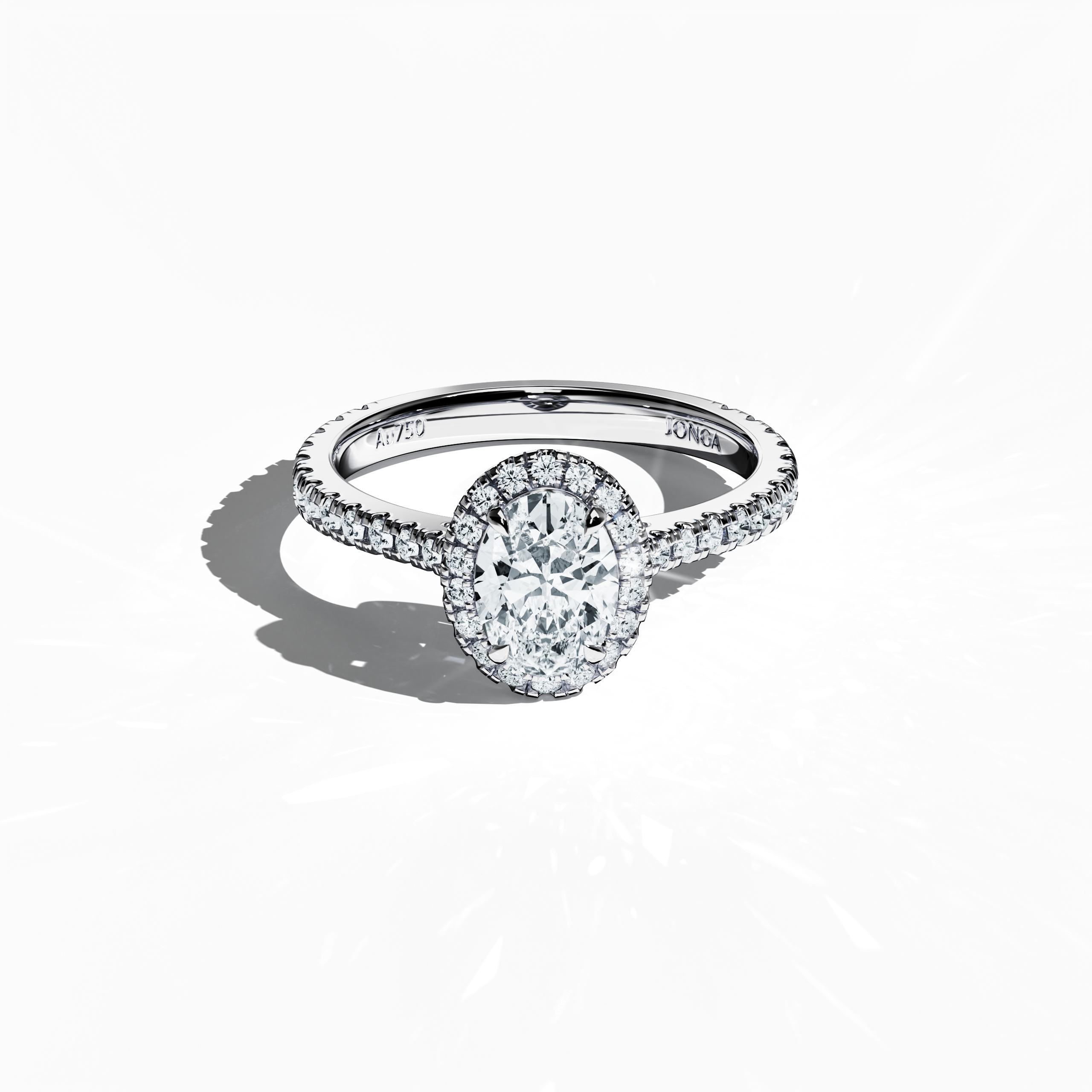 Striking image of a white gold halo paved ring in a sleeping front top view, showcasing a radiant 1ct oval-cut central diamond surrounded by a 0.60ct side diamond halo. The top perspective emphasizes the band’s detailed pavé setting in white, silver, and pale gold tones while blending classic halo, vintage halo, modern halo, and bridal halo design influences. Keywords: refined, elegant, luxury jewelry, oval perfection, contemporary design.
