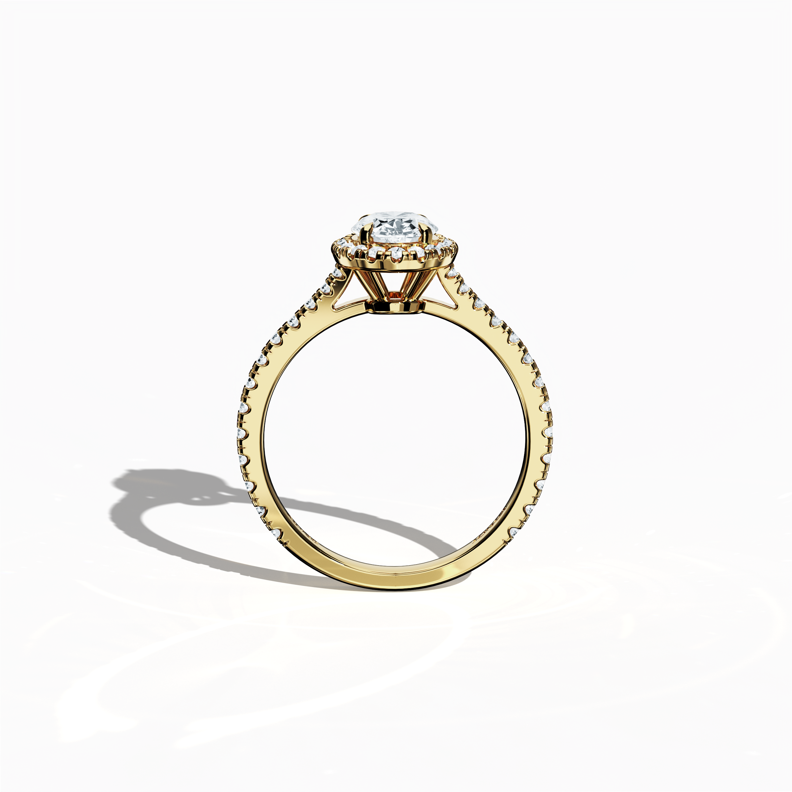 Vivid standing front view of a yellow gold halo paved ring, emphasizing the brilliant 1ct oval-cut central diamond and its graceful 0.60ct side diamond halo. The band, showcased in rich yellow, sun, and traditional gold hues, exhibits meticulous pavé detailing inspired by classic halo, vintage halo, modern halo, and bridal halo designs. Keywords: exquisite craftsmanship, luxury, oval radiance, refined style, timeless elegance.