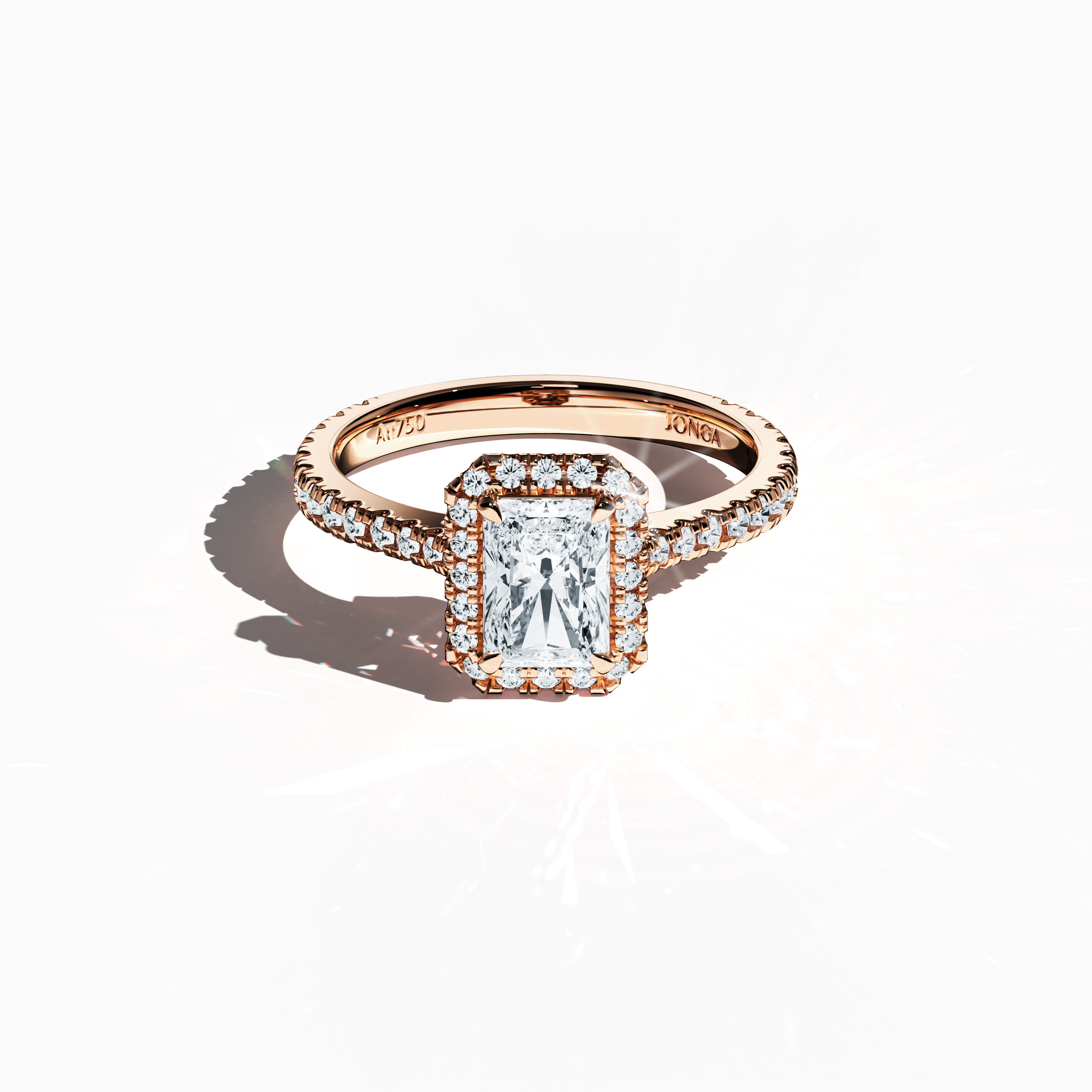 Striking image of a rose gold halo paved ring in a sleeping front top view, highlighting a dazzling 1 carat radiant-cut center diamond surrounded by a 0.60ct side diamond halo. The top view accentuates the band’s delicate pavé setting in warm rose, pink, and blush gold tones, integrating classic halo, vintage halo, modern halo, and bridal halo designs. Keywords: sophisticated, radiant sparkle, luxury, exquisite detailing, modern romance.