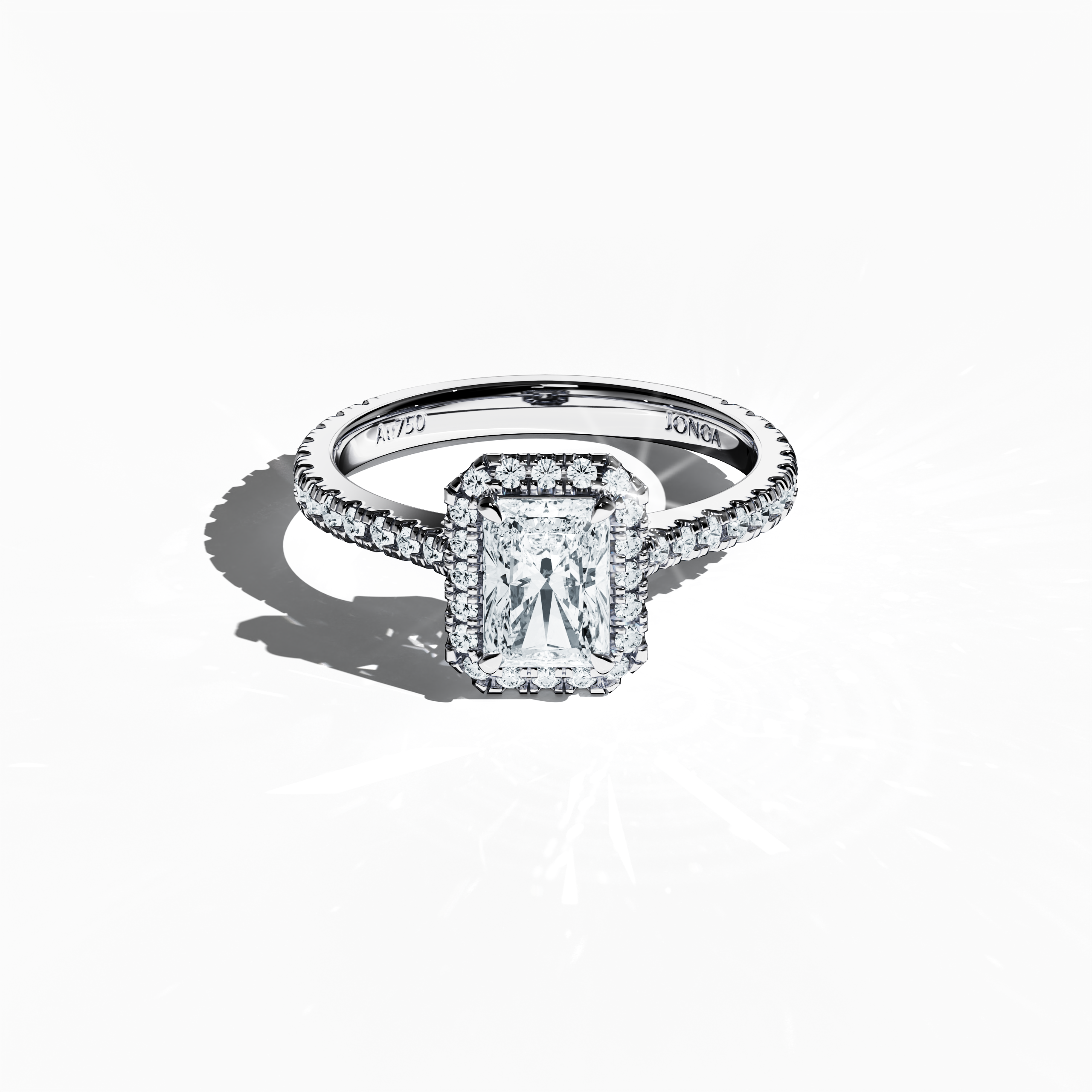 Striking image of a white gold halo paved ring in a sleeping front top view, highlighting a dazzling 1 carat radiant-cut center diamond surrounded by a 0.60ct side diamond halo. The top view accentuates the delicate pavé setting on the band with tones of white, silver, and pale gold, integrating classic halo, vintage halo, modern halo, and bridal halo designs. Keywords: sophistication, luxury, radiant sparkle, exquisite detailing, modern style.
