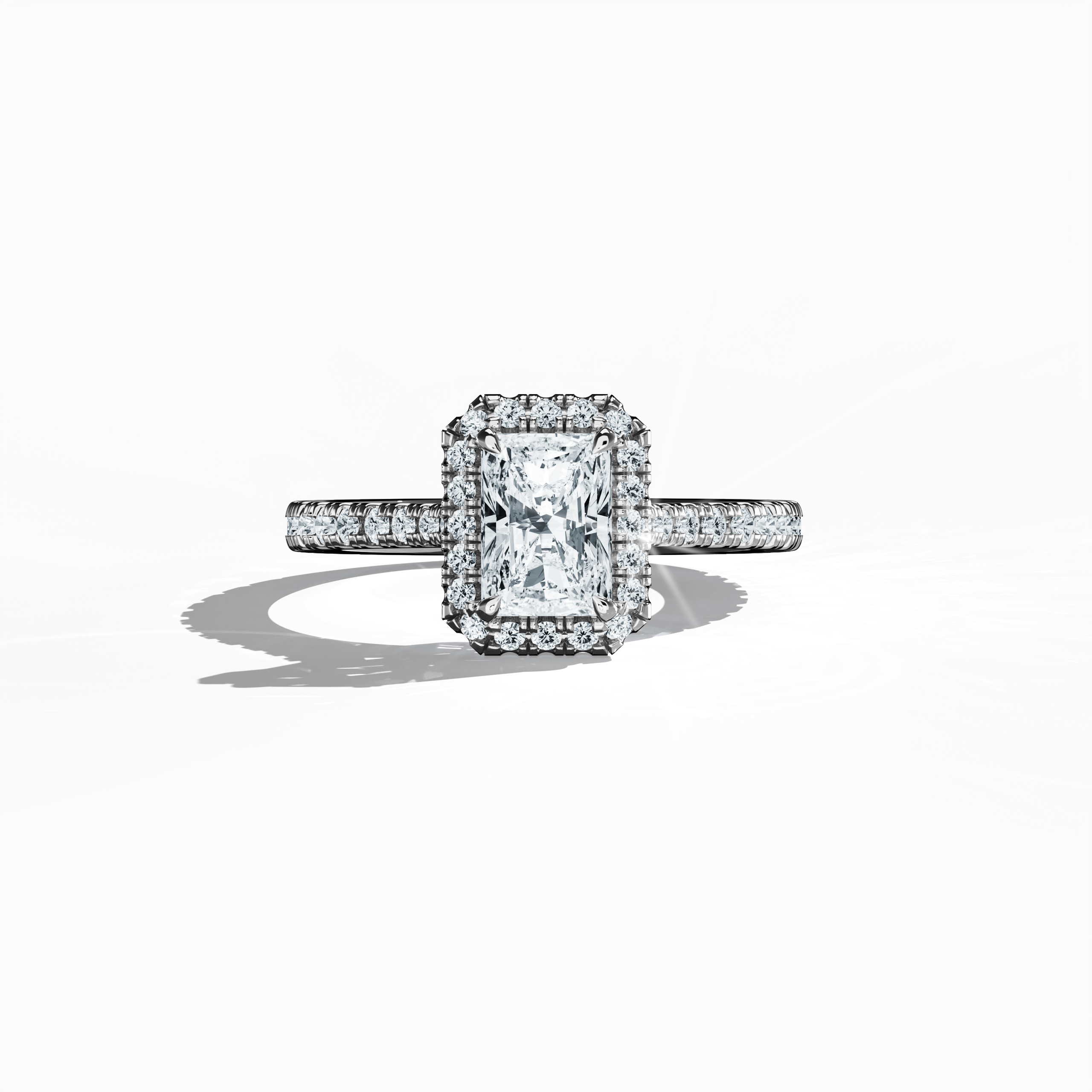 Exquisitely detailed image of a white gold halo paved ring captured in a sleeping front view, featuring a luminous 1 carat radiant-cut center diamond embraced by a meticulously set 0.60ct side diamond halo. The band, rendered in elegant white, silver, and pale gold hues, showcases intricate pavé detailing and a blend of classic halo, vintage halo, modern halo, and bridal halo design motifs. Keywords: luxury, radiant brilliance, refined craftsmanship, contemporary elegance, timeless allure.