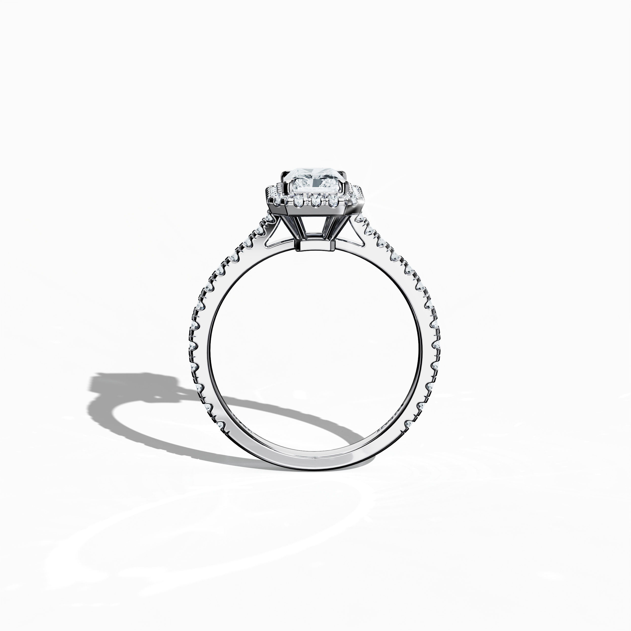 Vivid standing front view of a white gold halo paved ring, emphasizing a brilliant 1 carat radiant-cut center diamond and its encircling 0.60ct side diamond halo. The pristine band, depicted in white, silver, and pale gold, exhibits meticulous pavé craftsmanship with influences of classic halo, vintage halo, modern halo, and bridal halo designs. Keywords: refined luxury, radiant allure, exquisite detail, contemporary elegance, timeless design.