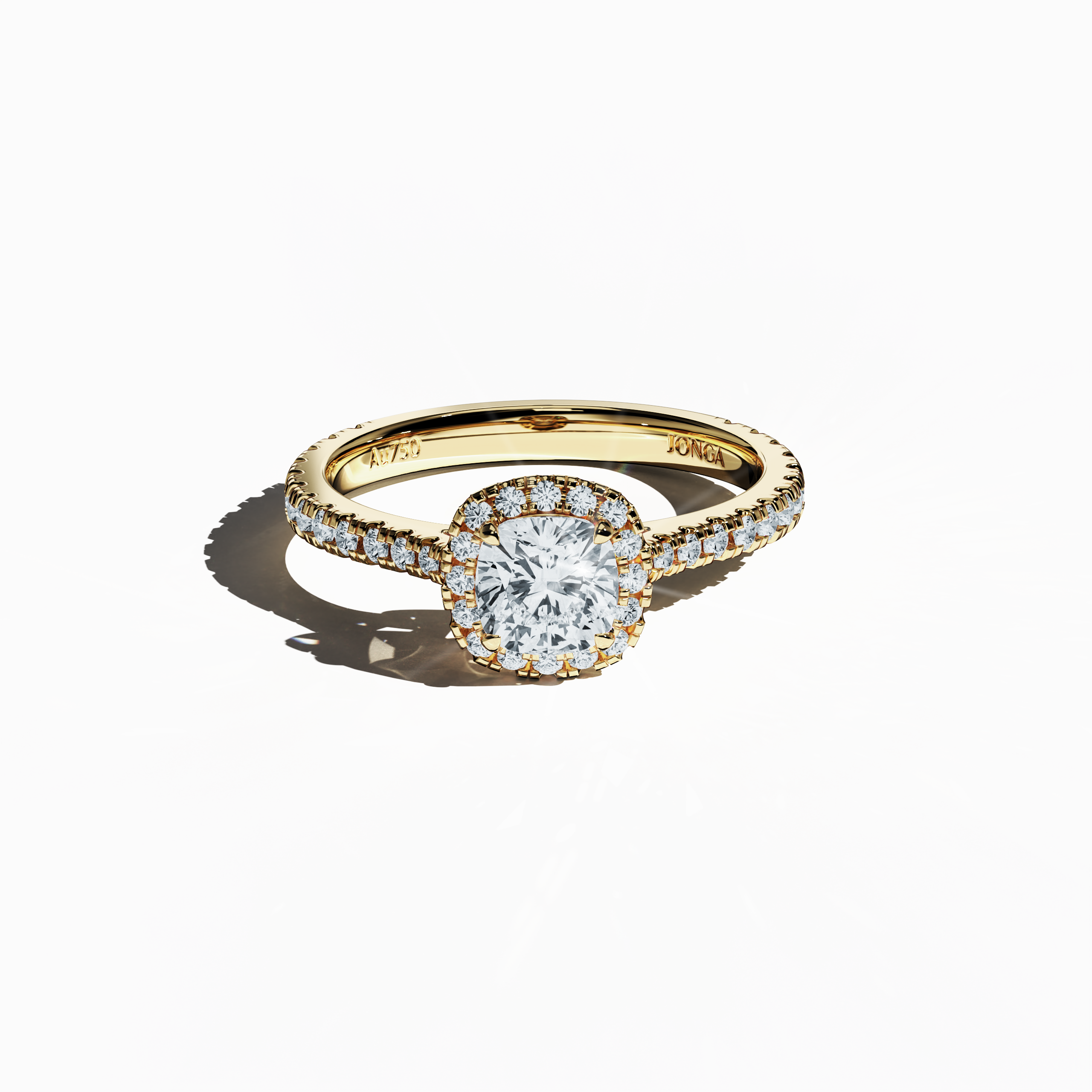 Shown from a gentle sleeping front top angle, the halo paved diamond ring in lustrous yellow gold exhibits refined craftsmanship and vibrant allure. With a 1 ct cushion center diamond embraced by a 0.60 ct halo of scintillating side stones, this 1.60 carat marvel melds Classic Halo, Modern Halo, and Eternity Halo influences with cushion and princess cut nuances, glowing in a golden, amber finish. Keywords: diamond, luxury, sparkle, refined, elegant.