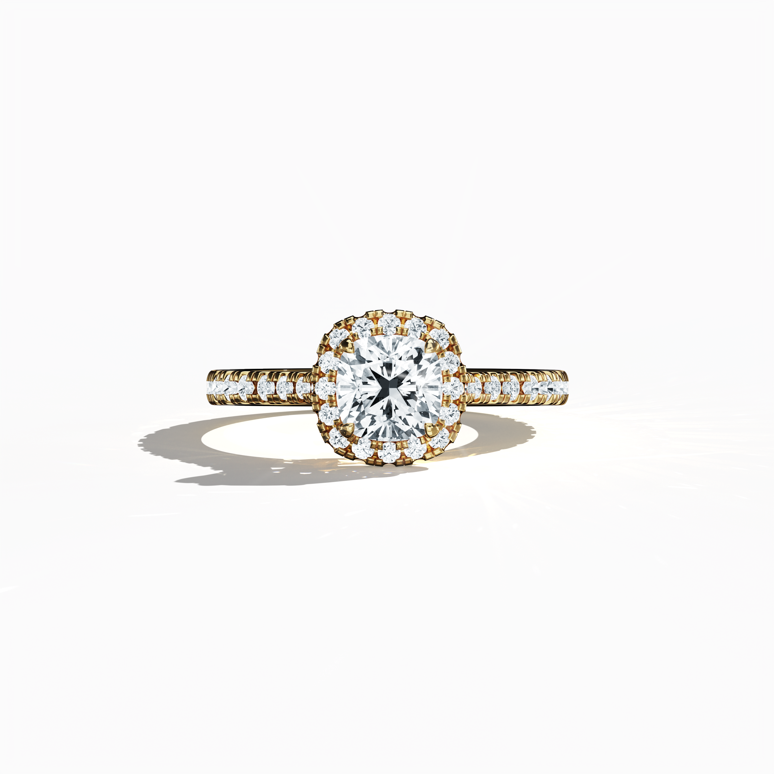In a serene sleeping front view, this halo paved diamond ring in radiant yellow gold gleams with timeless allure. Totalling 1.60 carats, its striking 1 ct cushion diamond centerpiece is elegantly encircled by a 0.60 ct halo of sparkling side stones. The design incorporates Classic Halo, Vintage Halo, and Contemporary Halo elements with cushion and radiant inspirations, accentuated by a rich, golden, amber finish. Keywords: luxury, handcrafted, diamond, brilliance, elegance.