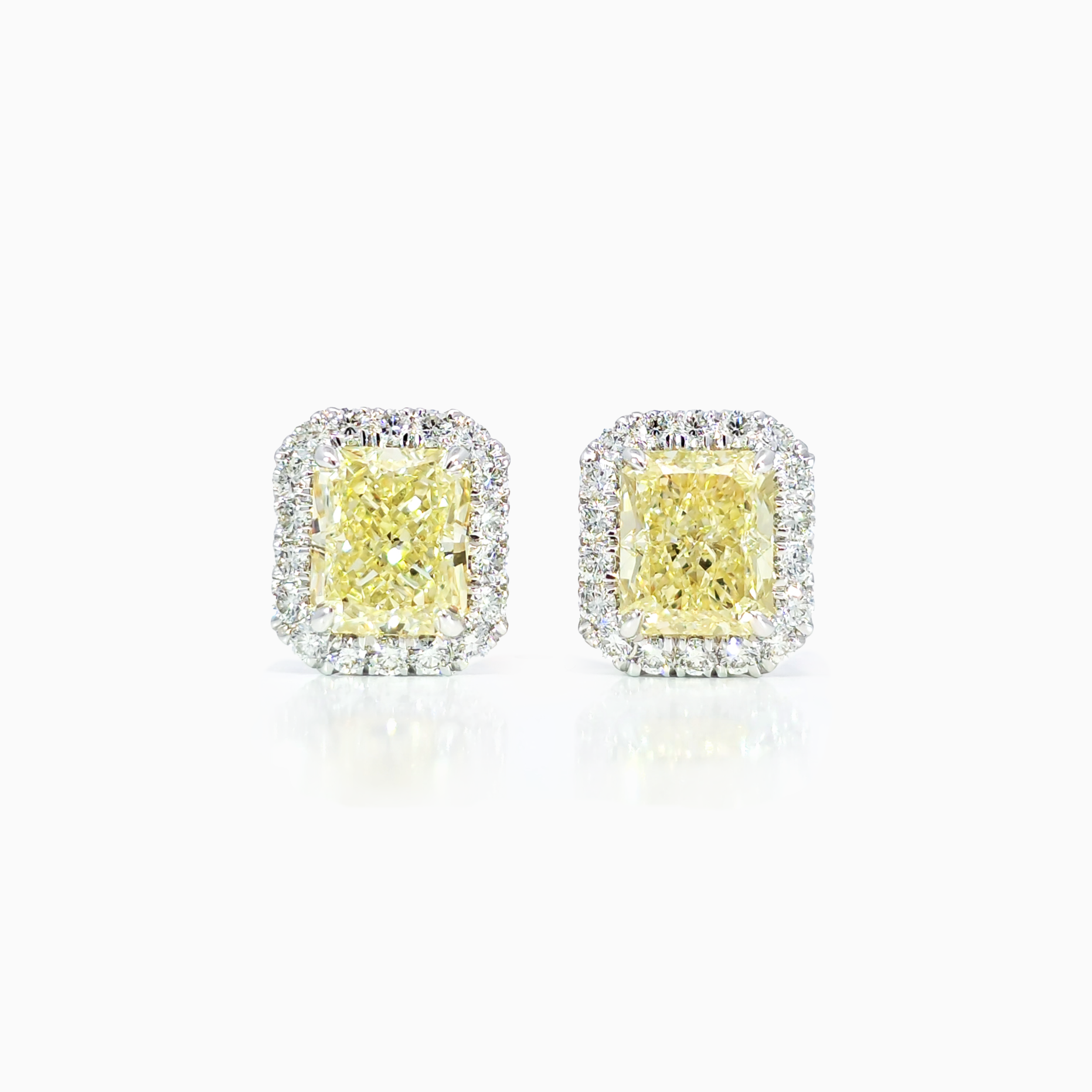 Yellow Radiant Diamond Halo Earring 3.45 carat natural diamond 18K white gold VS clarity handcrafted in Dubai
