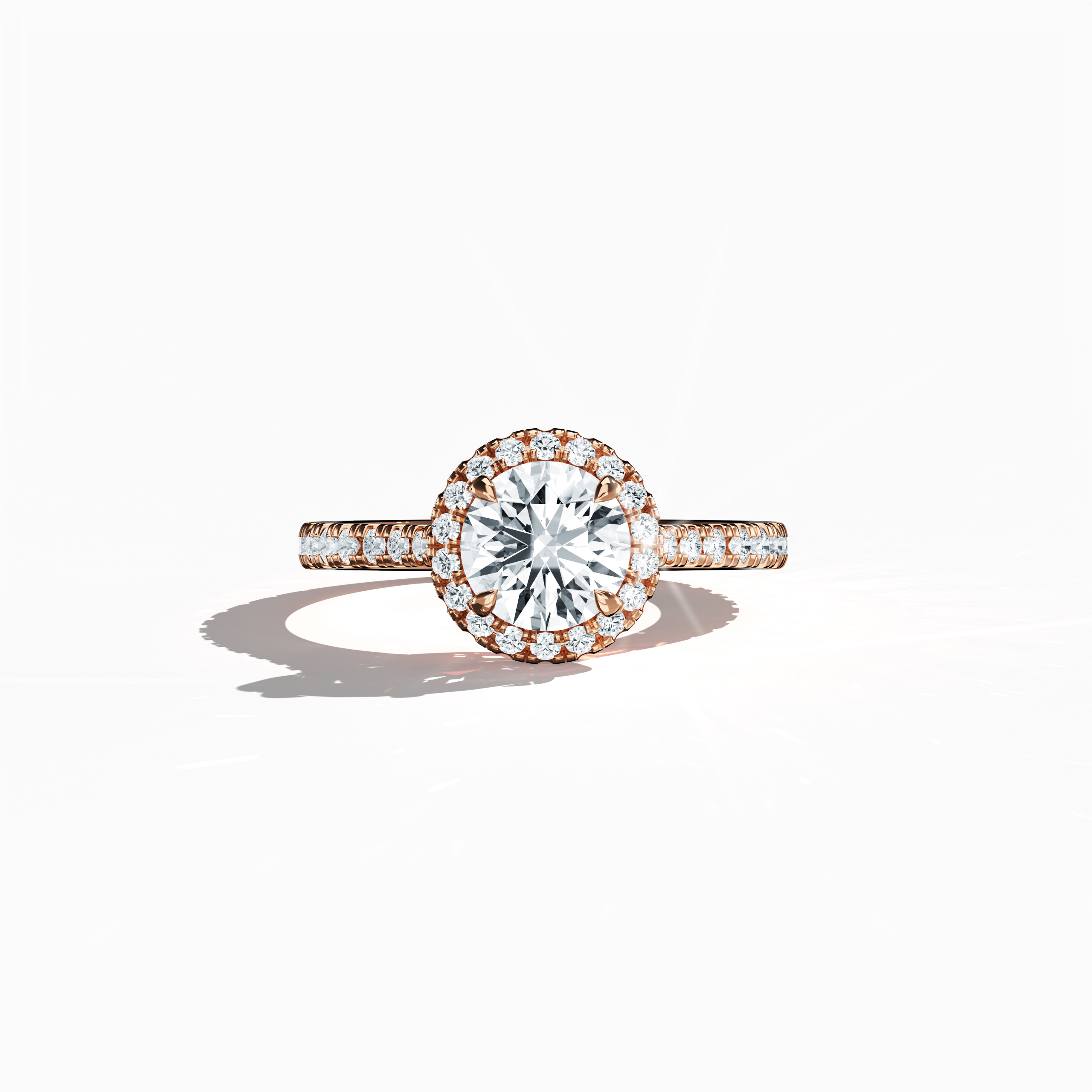 Exquisitely detailed image of a rose gold halo paved ring captured in a sleeping front view, showcasing a luminous 1ct round‐cut center diamond gracefully embraced by a meticulously set 0.60ct side diamond halo. The band, rendered in warm rose, pink, and blush gold hues, features intricate pavé detailing with influences of classic halo, vintage halo, modern halo, and bridal halo designs. Keywords: luxury, round brilliance, refined craftsmanship, timeless elegance, international allure.