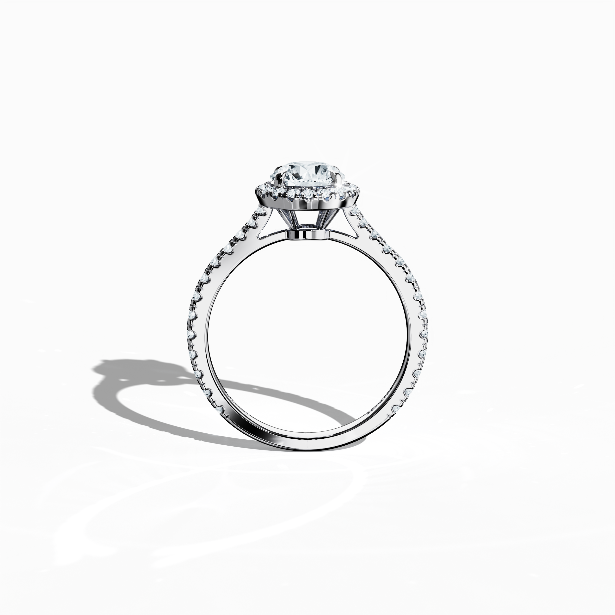 Vivid standing front view of a white gold halo paved ring emphasizing a brilliant 1ct round‐cut center diamond and its encircling 0.60ct side diamond halo. The sleek band, rendered in pristine white, silver, and pale gold hues, showcases detailed pavé craftsmanship with design influences spanning classic halo, vintage halo, modern halo, and bridal halo motifs. Keywords: exquisite, round radiance, luxury, timeless design, refined artistry.

