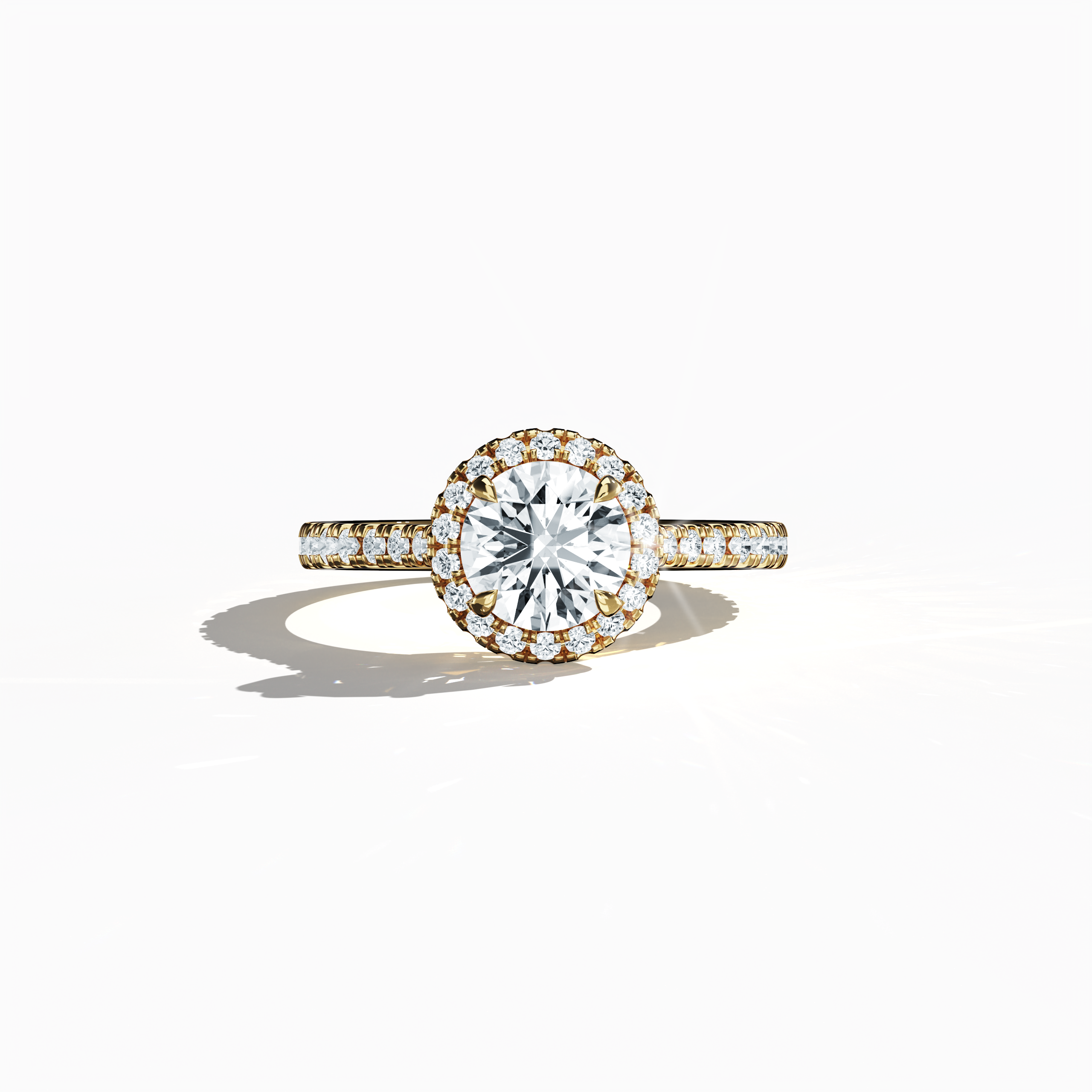 Exquisitely detailed image of a yellow gold halo paved ring captured in a sleeping front view, showcasing a luminous 1ct round‐cut center diamond gracefully embraced by a meticulously set 0.60ct side diamond halo. The band, rendered in rich yellow, sun, and traditional gold hues, features intricate pavé detailing with influences of classic halo, vintage halo, modern halo, and bridal halo designs. Keywords: luxury, round brilliance, refined craftsmanship, timeless elegance, global design.