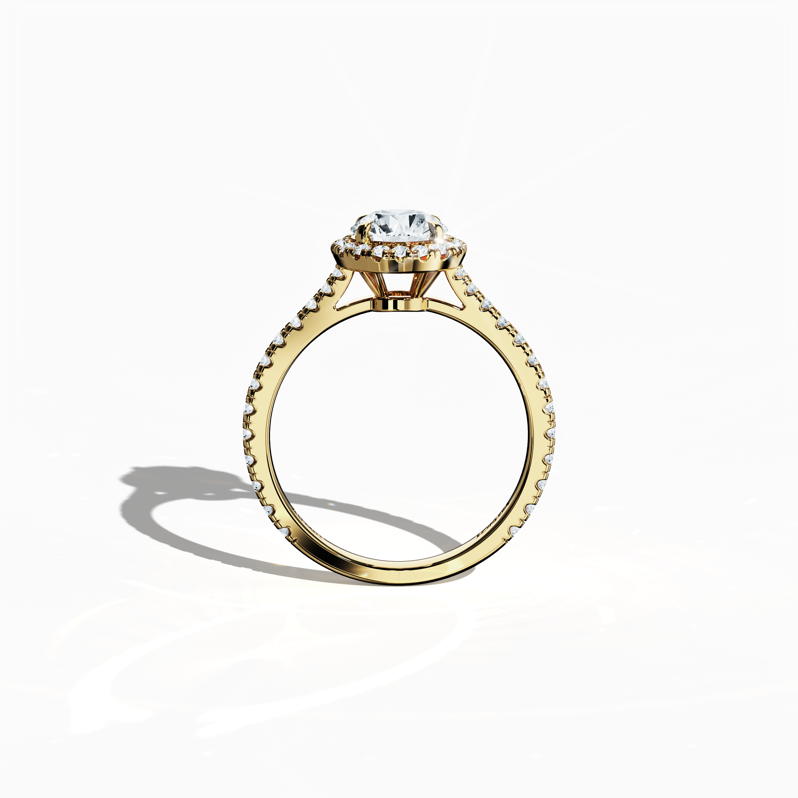 Vivid standing front view of a yellow gold halo paved ring emphasizing a brilliant 1ct round‐cut center diamond and its encircling 0.60ct side diamond halo. The band, showcased in rich yellow, sun, and traditional gold hues, exhibits meticulous pavé craftsmanship with design influences spanning classic halo, vintage halo, modern halo, and bridal halo motifs. Keywords: exquisite, round radiance, luxury, timeless design, refined artistry.