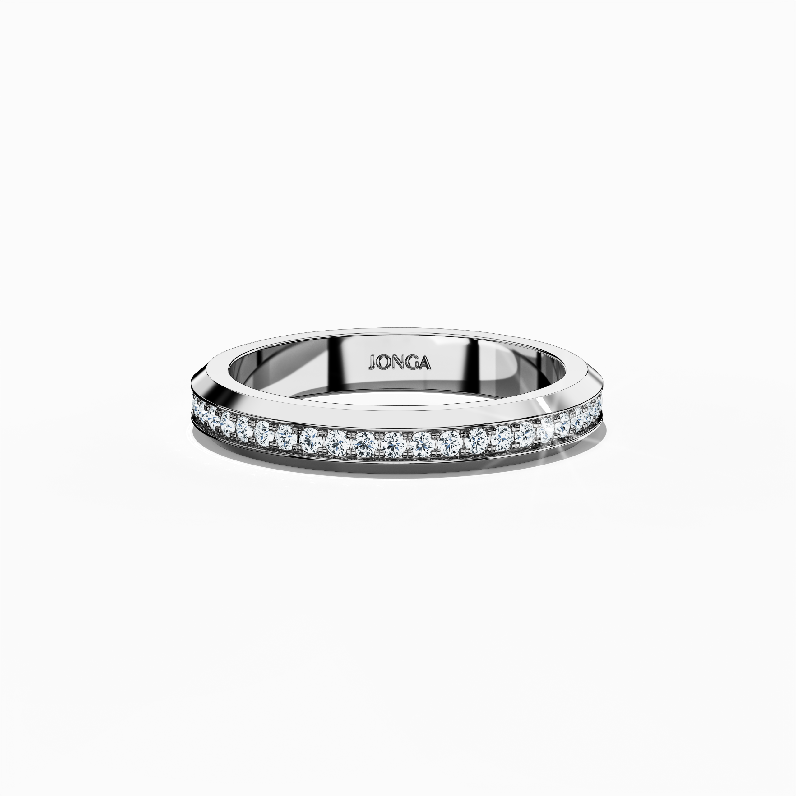 White Gold Paved Band – Sleeping Front Top View: Showcasing a brilliant paved center with meticulous micro‐pavé detailing, this ring’s high‐gloss finish on a luminous white gold band (refined luminous alloy) highlights full pave, eternity, and scattered pavé accents. The design exudes refined modern elegance and enduring luxury, drawing on varied international design terminology. Keywords: white gold, pavé, micro‐pavé, glossy, luxury, elegant, contemporary.