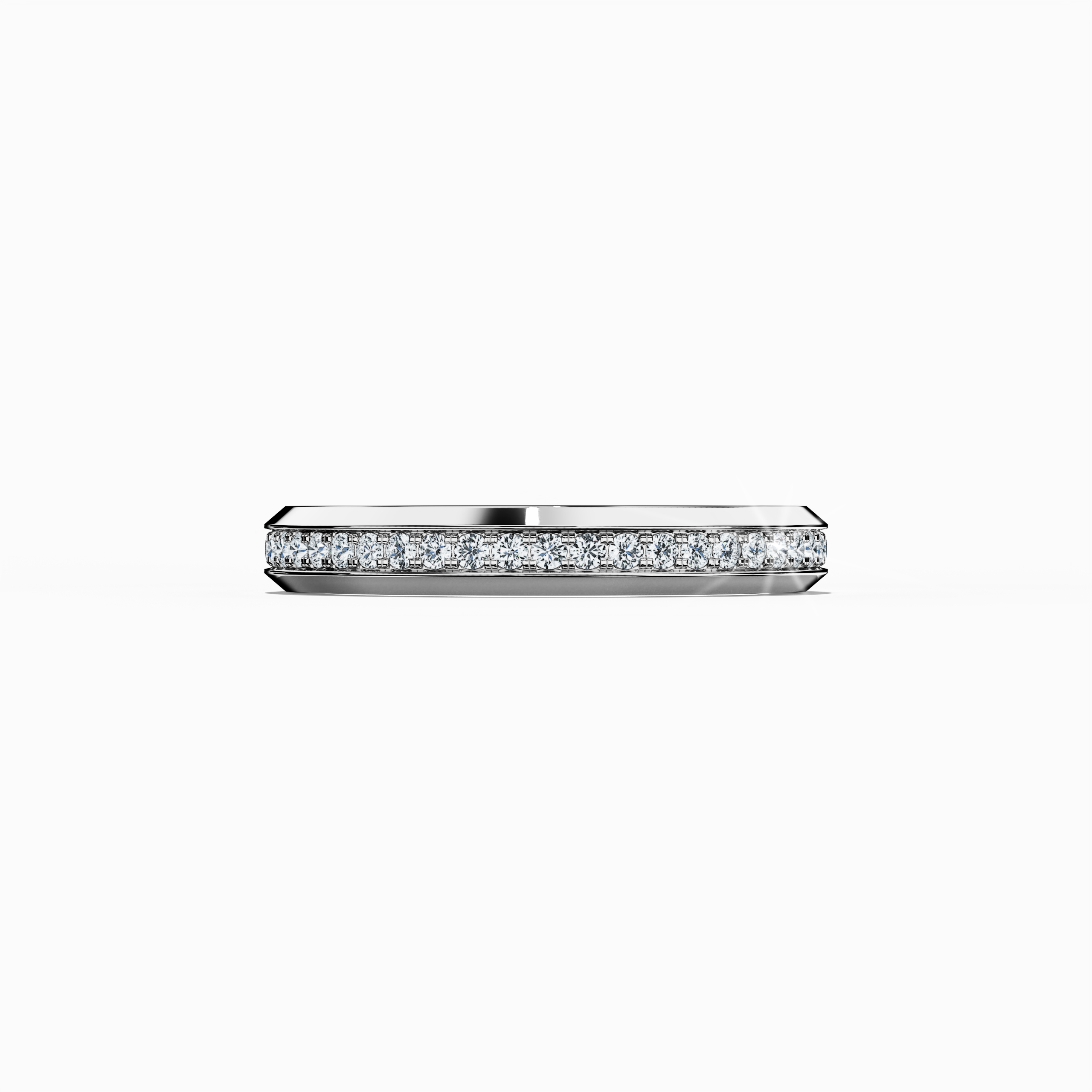 White Gold Paved Band – Sleeping Front Top View: Showcasing a brilliant paved center with meticulous micro‐pavé detailing, this ring’s high‐gloss finish on a luminous white gold band (refined luminous alloy) highlights full pave, eternity, and scattered pavé accents. The design exudes refined modern elegance and enduring luxury, drawing on varied international design terminology. Keywords: white gold, pavé, micro‐pavé, glossy, luxury, elegant, contemporary.