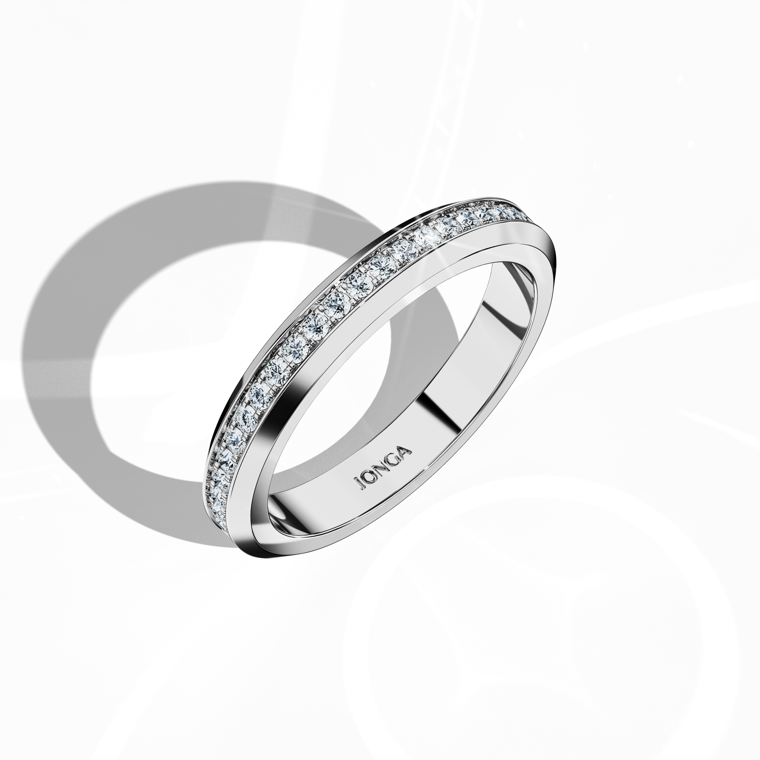 Striking image of a white gold paved band showcased from a standing front top side perspective. The ring’s central paved design, executed in pavé, full pave, scattered pave, and cluster pave styles, is rendered in brilliant white gold often known as “opaline” or “milky gold.” The glossy finish accentuates smooth curves and meticulous detailing, blending classic charm with modern luxury. Keywords: intricate, luxurious, refined, elegant, sophisticated.
