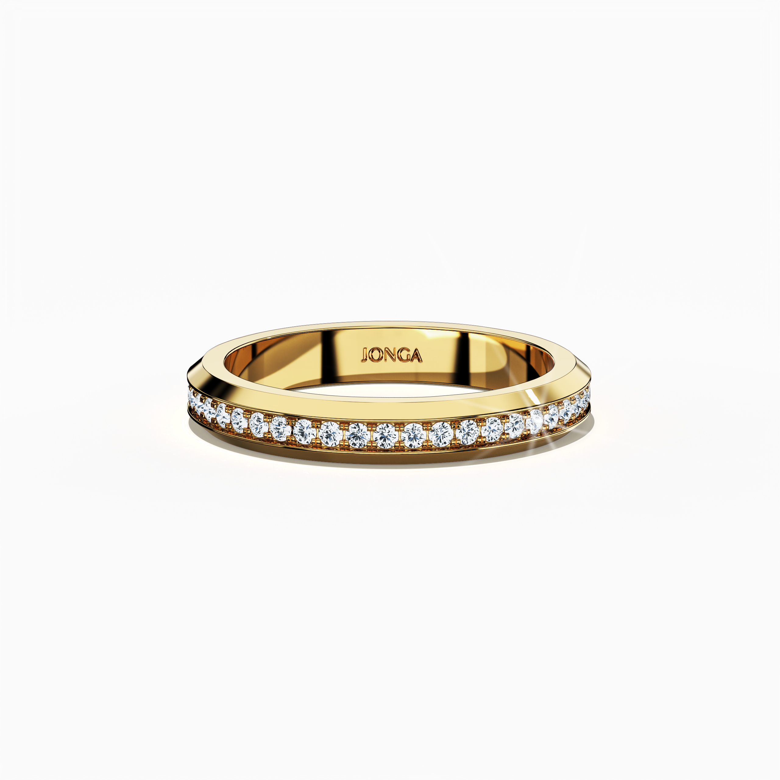Detailed view of a yellow gold paved band photographed from a sleeping front top angle, highlighting its striking central pavé motif executed in full pave, scattered pave, and cluster pave designs. The band’s luminous yellow gold center—recognized as “classic gold” or “rich gold” in premium design—pairs with a smooth glossy finish to emphasize contemporary elegance and flawless craftsmanship. Keywords: sophisticated, luxurious, elegant, intricate, modern design.