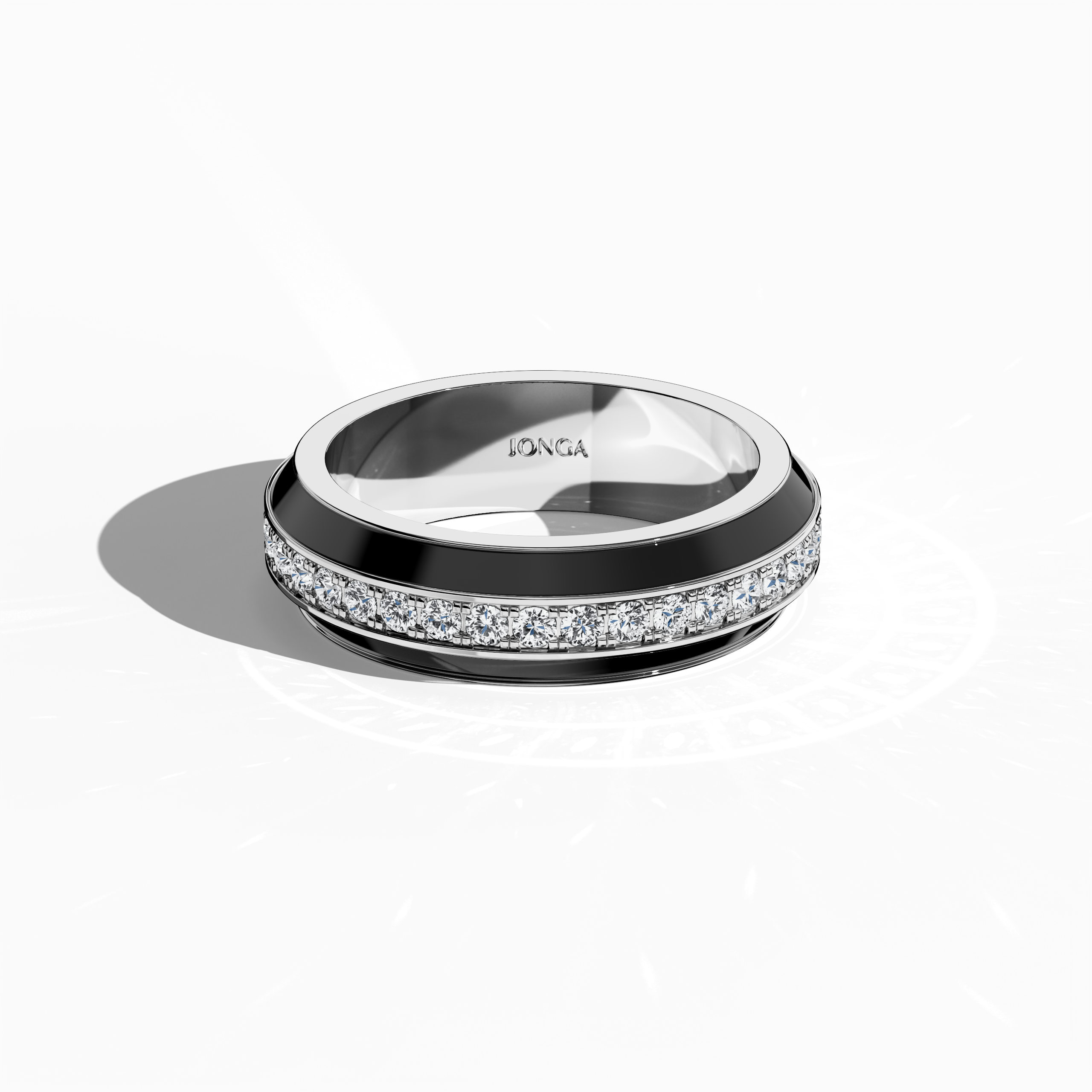Discover the captivating allure of this white gold ring with striking black glossy enamel and an up to 1 carat diamond paved in the center line. Viewed from a sleeping front top angle, its refined pave band—known as Eternity Pave, Pavé Chic, and Carat Pave—displays intricate detailing that accentuates the pristine white gold. The interplay of bold enamel and diamond accents delivers a modern, luxurious aesthetic with designer finesse.
Keywords: enamel, diamond, luxe, designer, pave.