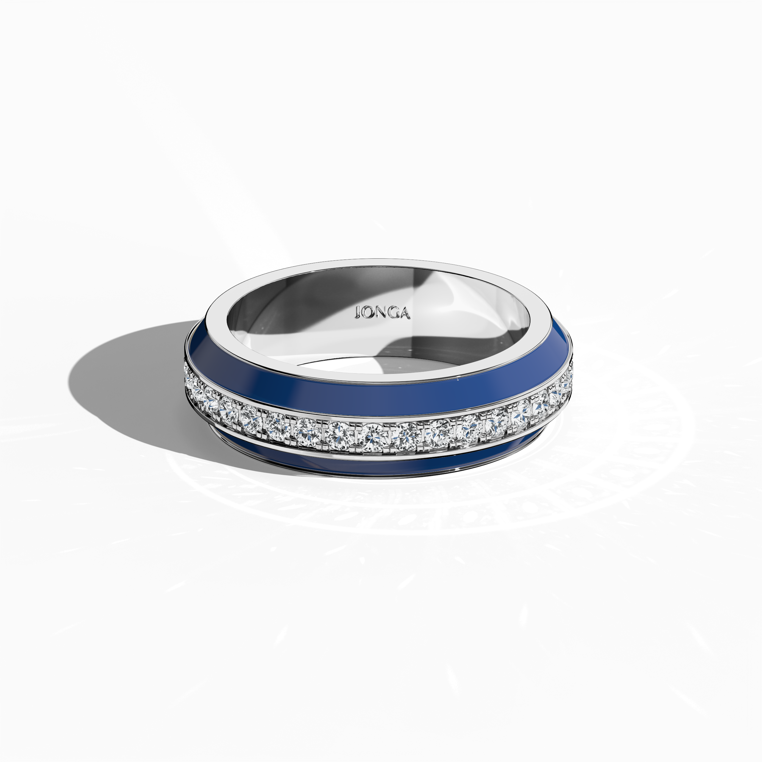 Discover the stunning beauty of this white gold ring with luminous blue glossy enamel and an up to 1 carat diamond paved in the center line. Captured from a sleeping front top view, the refined pave band—known as Eternity Pave, Pavé Chic, and Carat Pave—displays meticulous diamond detailing. The vibrant blue enamel contrasted with pristine white gold delivers a modern, luxurious look with exceptional designer appeal.
Keywords: enamel, diamond, luxe, designer, pave.