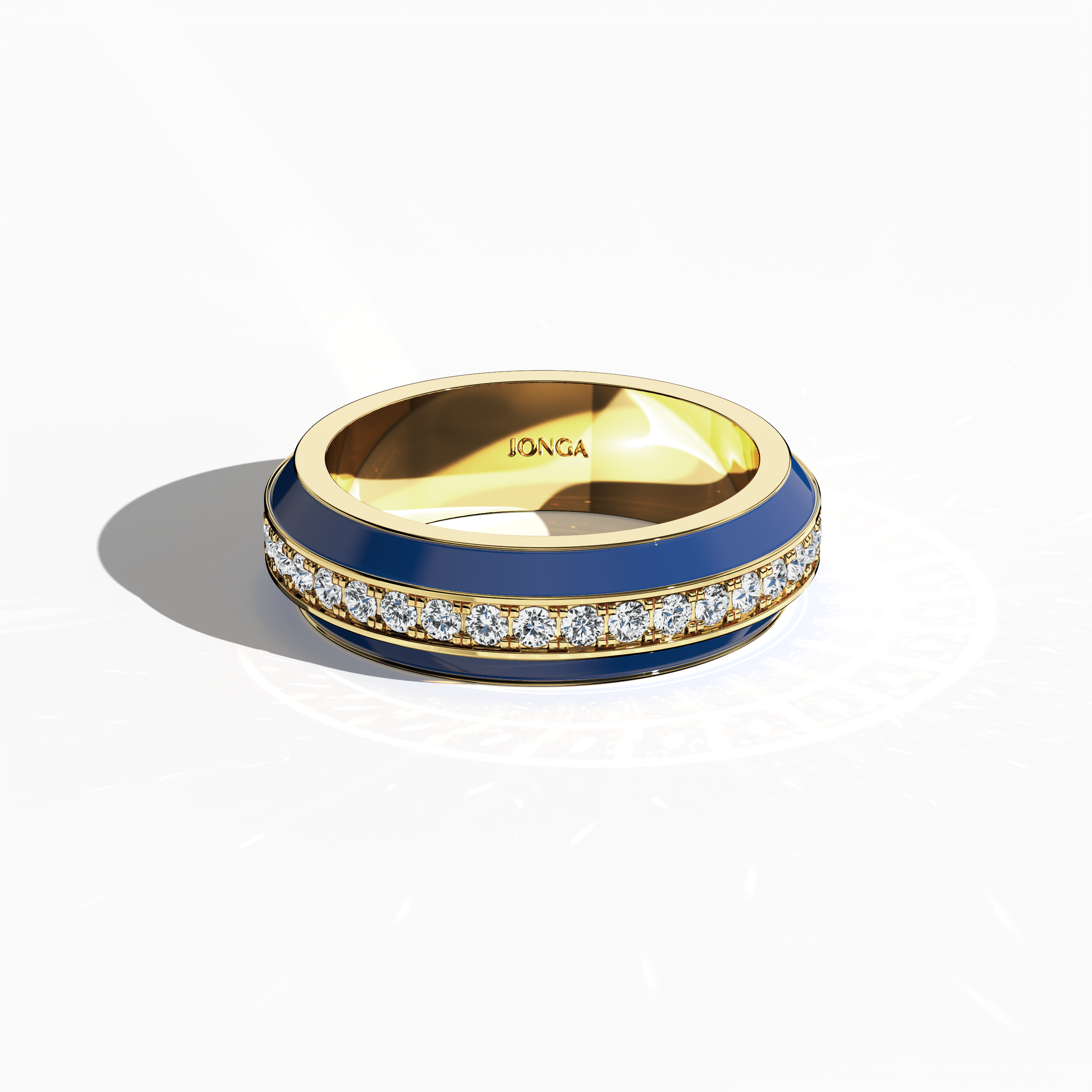 Discover the striking elegance of this yellow gold ring with bold blue glossy enamel and an up to 1 carat diamond paved in the center line. Captured from a sleeping front top view, the refined pave band—celebrated as Eternity Pave, Pavé Chic, and Carat Pave—displays meticulous diamond detailing that emphasizes the vibrant interplay of blue enamel and warm yellow gold. The design exudes modern luxury and sophisticated craftsmanship.
Keywords: enamel, diamond, pave design, luxury, designer.