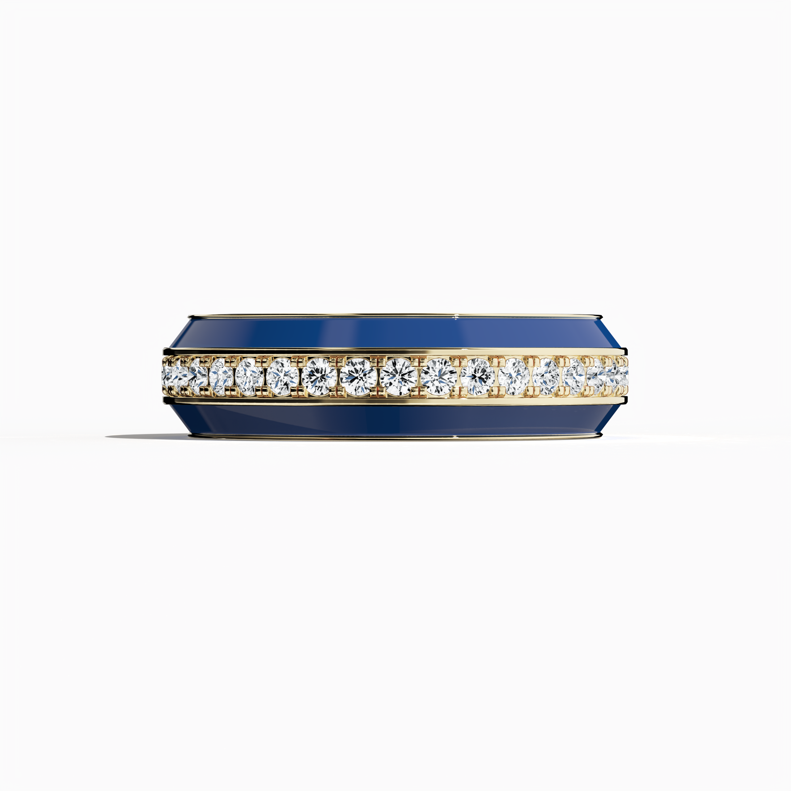 Experience the modern allure of this yellow gold ring featuring vivid blue glossy enamel and an up to 1 carat diamond paved in the center line. The exquisite pave band—recognized as Eternity Pave, Pavé Chic, and Carat Pave—is showcased in a sleeping front view that highlights intricate diamond pavé detailing and the dynamic contrast between vibrant blue enamel and warm yellow gold. This designer piece exudes luxury and contemporary artistry.
Keywords: enamel, diamond, pave, luxury, designer.

