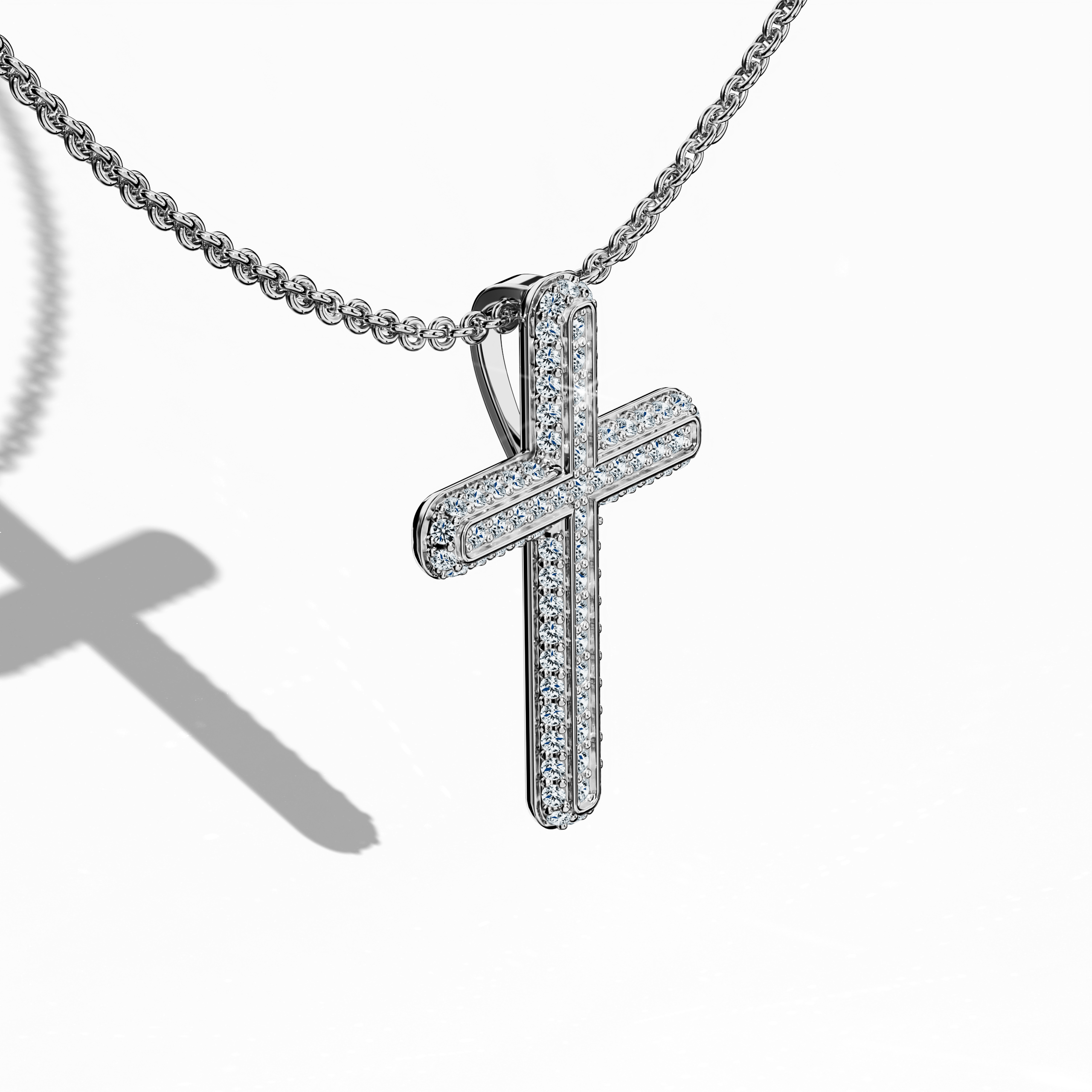 Front top side view of a paved cross pendant in gleaming white gold, often described as pale or silver-toned metal in various regions. This design showcases 0.40 carat of diamonds in a pavé arrangement, accentuating the cross’s dimensional form. From this angle, its polished surfaces reflect a harmonious blend of faith and refined elegance.
Keywords: paved cross, white gold, diamond setting, modern flair.