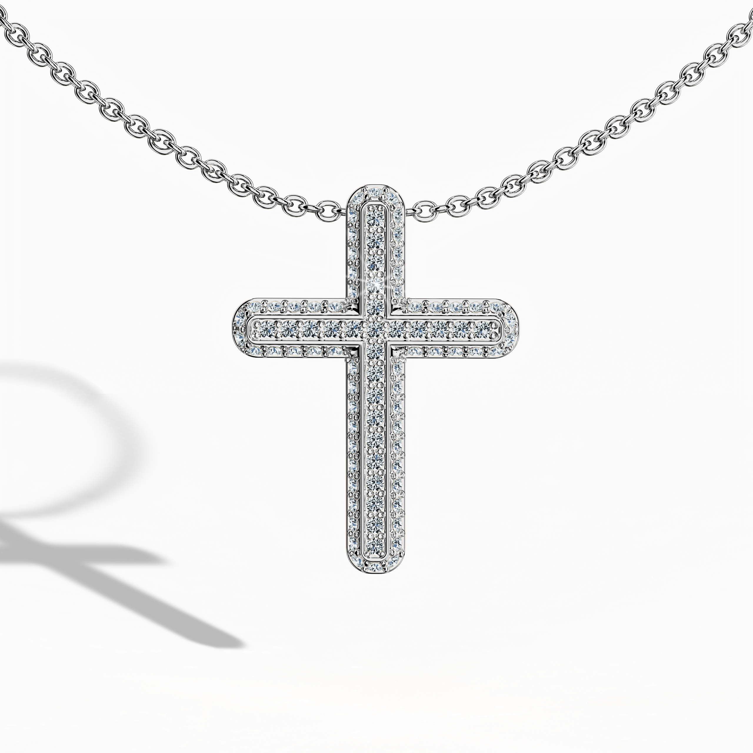 Front view of a paved cross pendant in radiant white gold, sometimes called pale or silver-hued metal in different locales. This refined piece holds 0.40 carat of diamonds in a pavé setting, also referred to as a gem-studded cross or diamond cross. Its polished edges and sparkle symbolize both devotion and modern style.
Keywords: paved cross, white gold, 0.40 carat diamond, timeless design.