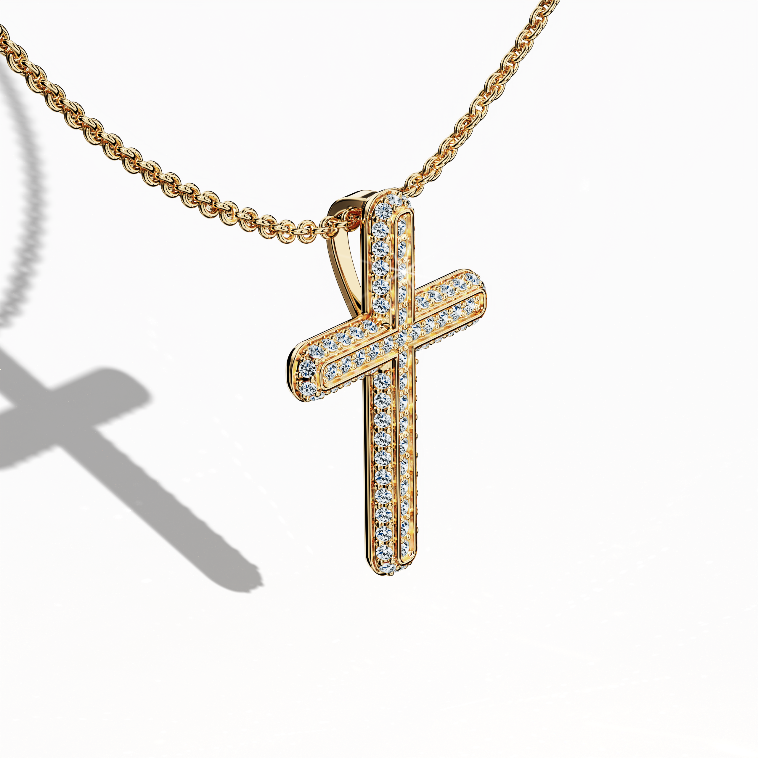 Front top side view of a paved cross pendant in radiant yellow gold, often described as traditional or golden-hued metal. Displaying 0.40 carat of diamonds in a pavé arrangement, this cross reveals subtle contours from an angled perspective. Its gleaming finish reflects a fusion of devotional symbolism and contemporary grace.
Keywords: paved cross, yellow gold, diamond setting, refined style.