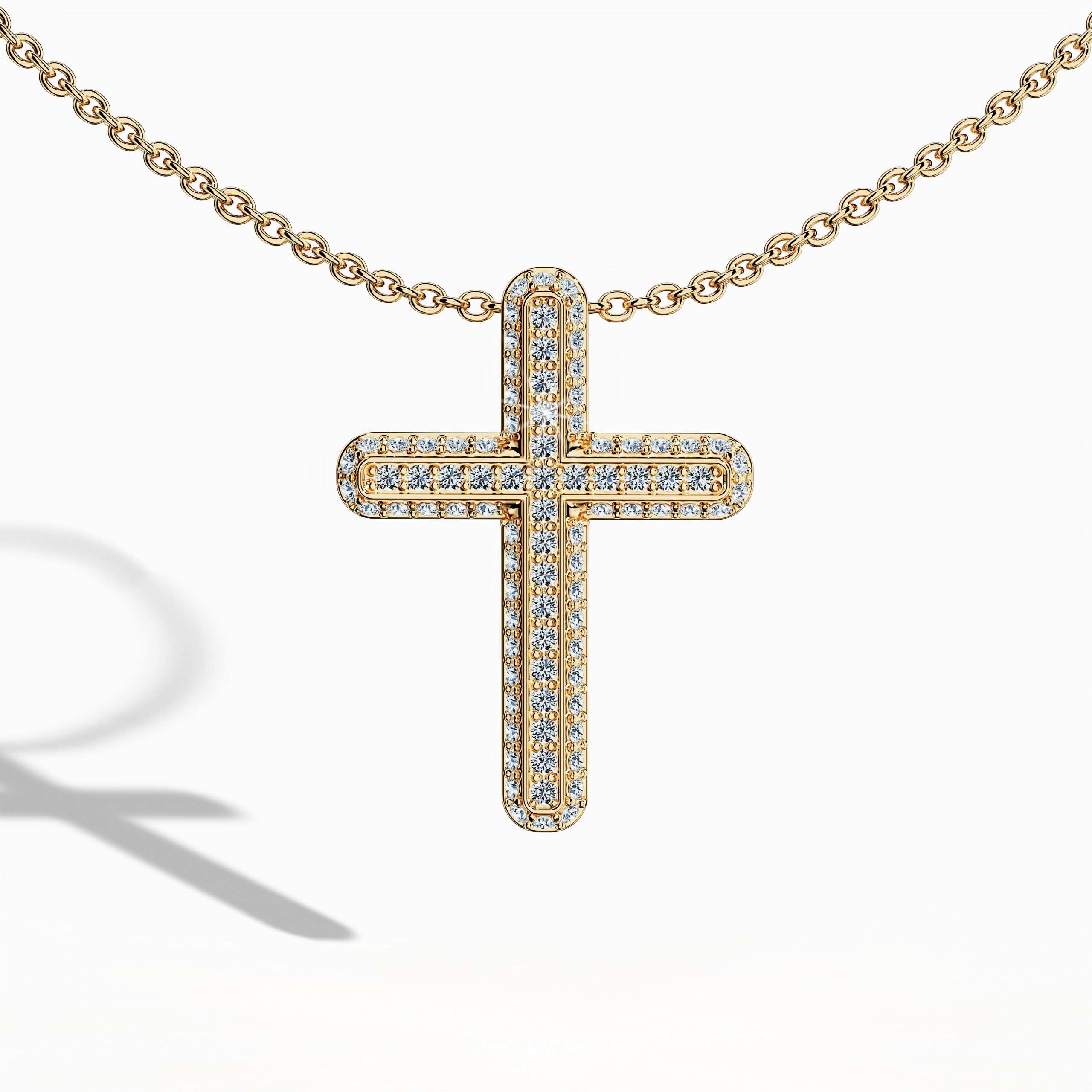 Front view of a paved cross pendant in classic yellow gold, sometimes referred to as traditional or golden-hued metal in various locales. This piece showcases 0.40 carat of diamonds in a pavé setting, also known as a gem-studded cross or diamond cross. Its polished surfaces evoke both faith-inspired heritage and modern refinement.
Keywords: paved cross, yellow gold, 0.40 carat diamond, timeless design.