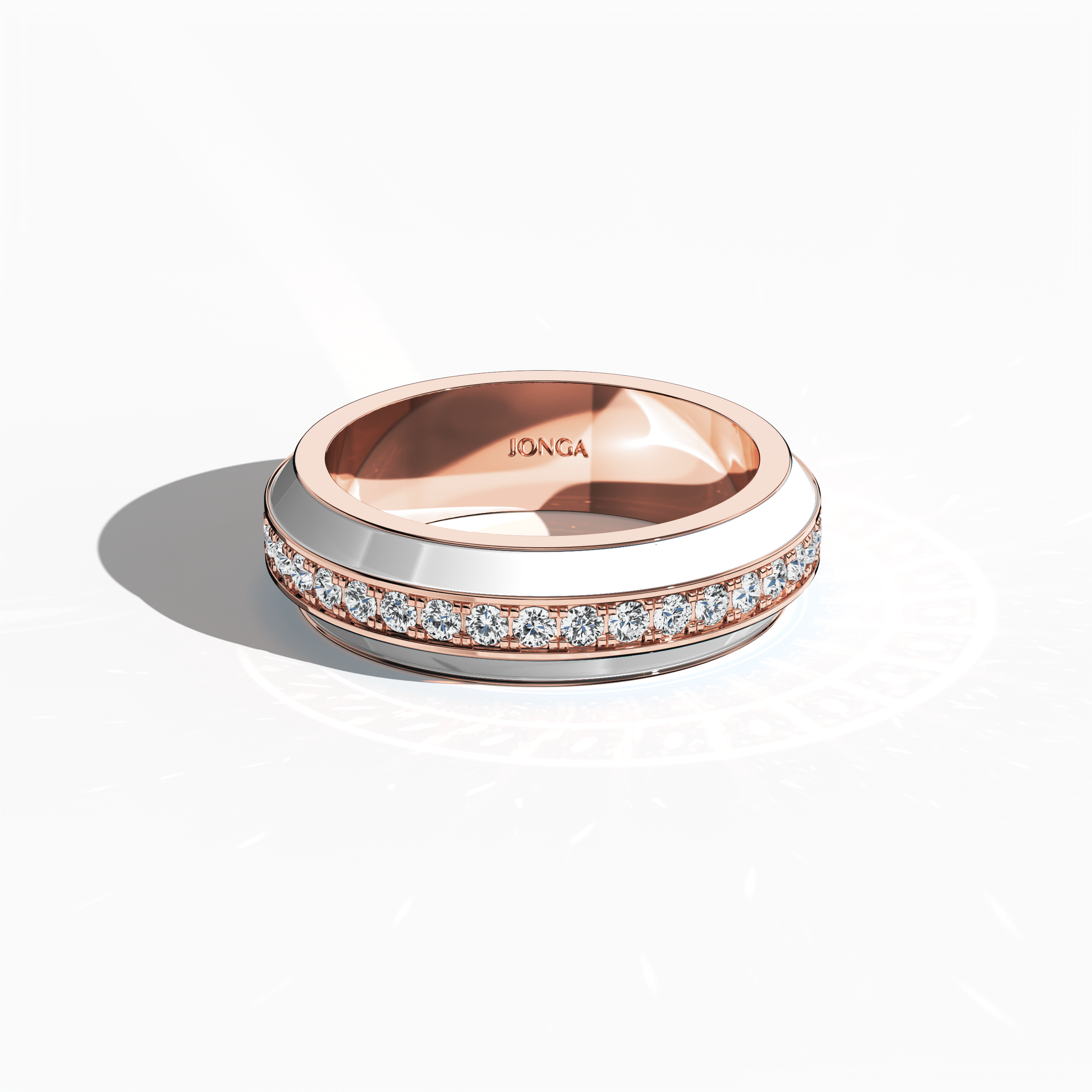 Discover the elegant fusion of warm rose gold and luminous white glossy enamel in this striking ring, showcasing an up to 1 carat diamond paved in the center line. Captured from a sleeping front top view, the intricate pave band—known as Eternity Pave, Pavé Chic, and Carat Pave—reveals meticulous diamond detailing. The refined interplay between soft enamel and rose gold exudes modern luxury and designer sophistication.
Keywords: enamel, diamond, pave design, luxury, chic.

