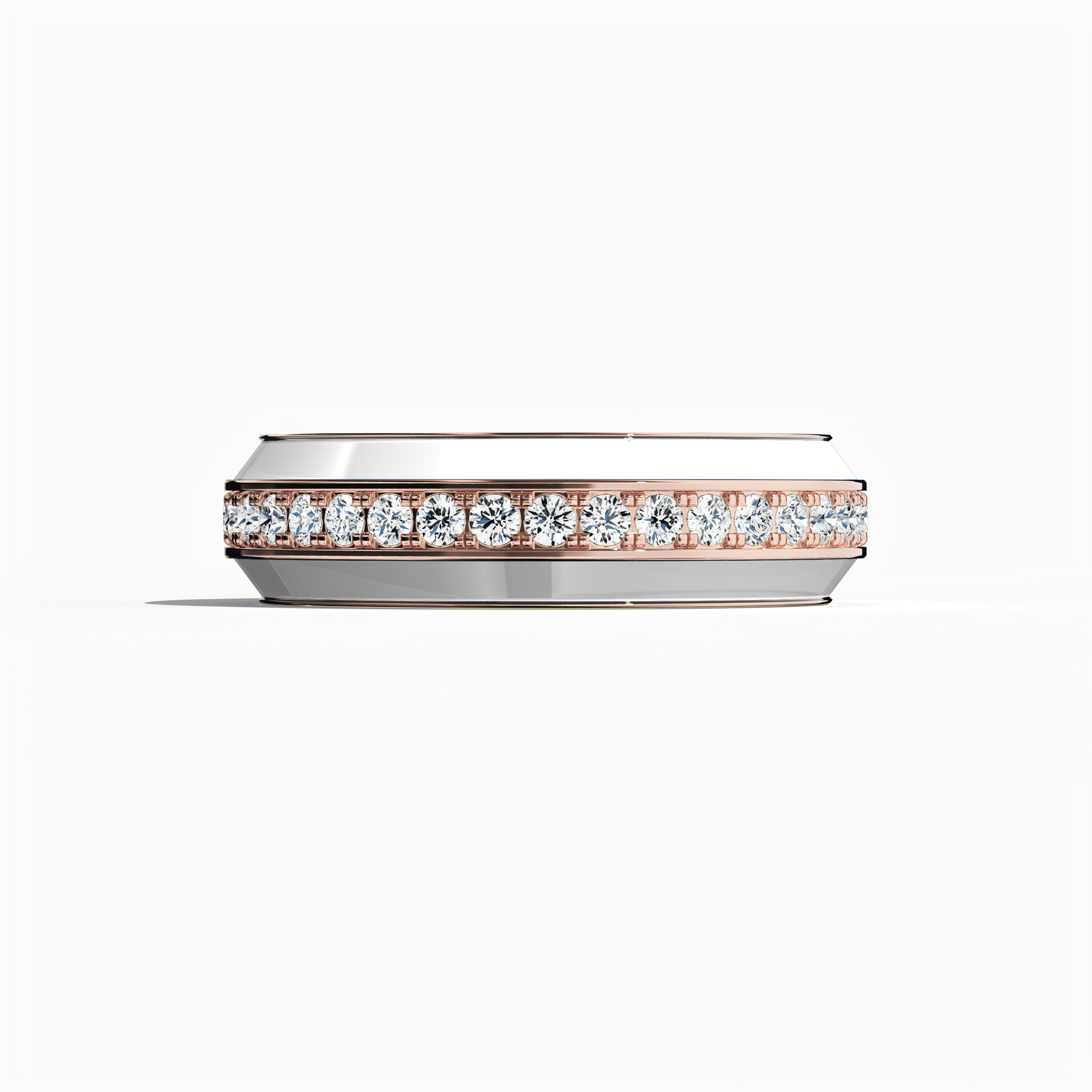 Experience the sophisticated allure of this rose gold ring featuring pristine white glossy enamel and an up to 1 carat diamond paved in the center line. The design boasts a refined pave band—celebrated as Eternity Pave, Pavé Chic, and Carat Pave—captured in a sleeping front view that emphasizes intricate diamond pavé details and the soft, warm glow of rose gold. The harmonious blend of enamel and diamond accents delivers timeless designer luxury.
Keywords: enamel, diamond, pave, luxury, chic.