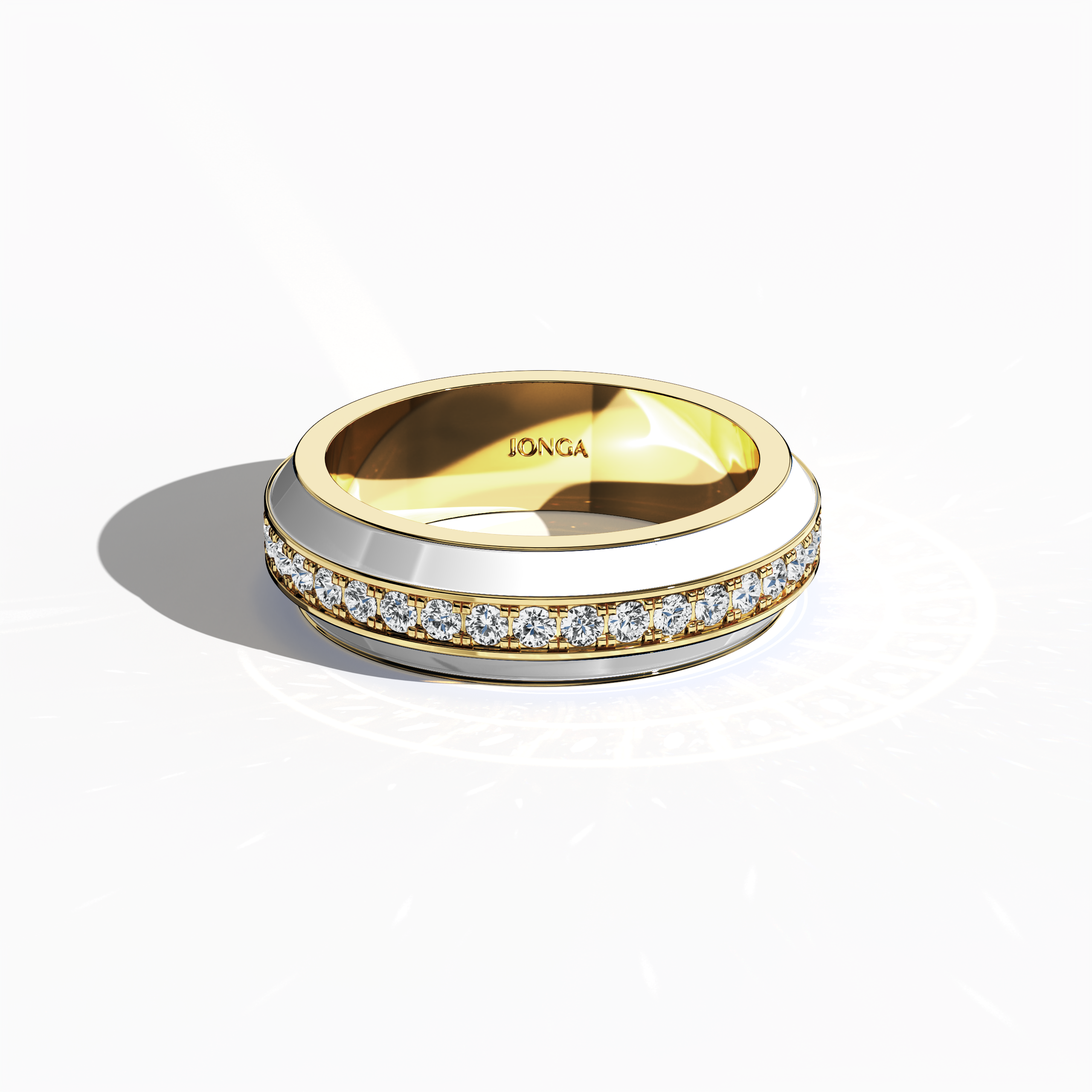 Discover the striking beauty of this yellow gold ring with radiant white glossy enamel and an up to 1 carat diamond paved in the center line. Captured from a sleeping front top view, the elegant pave band—celebrated as Eternity Pave, Pavé Chic, and Carat Pave—displays intricate diamond detailing that accentuates the vibrant fusion of yellow gold and pristine enamel. This piece embodies modern luxury and refined designer elegance.
Keywords: enamel, diamond, pave design, luxury, designer.