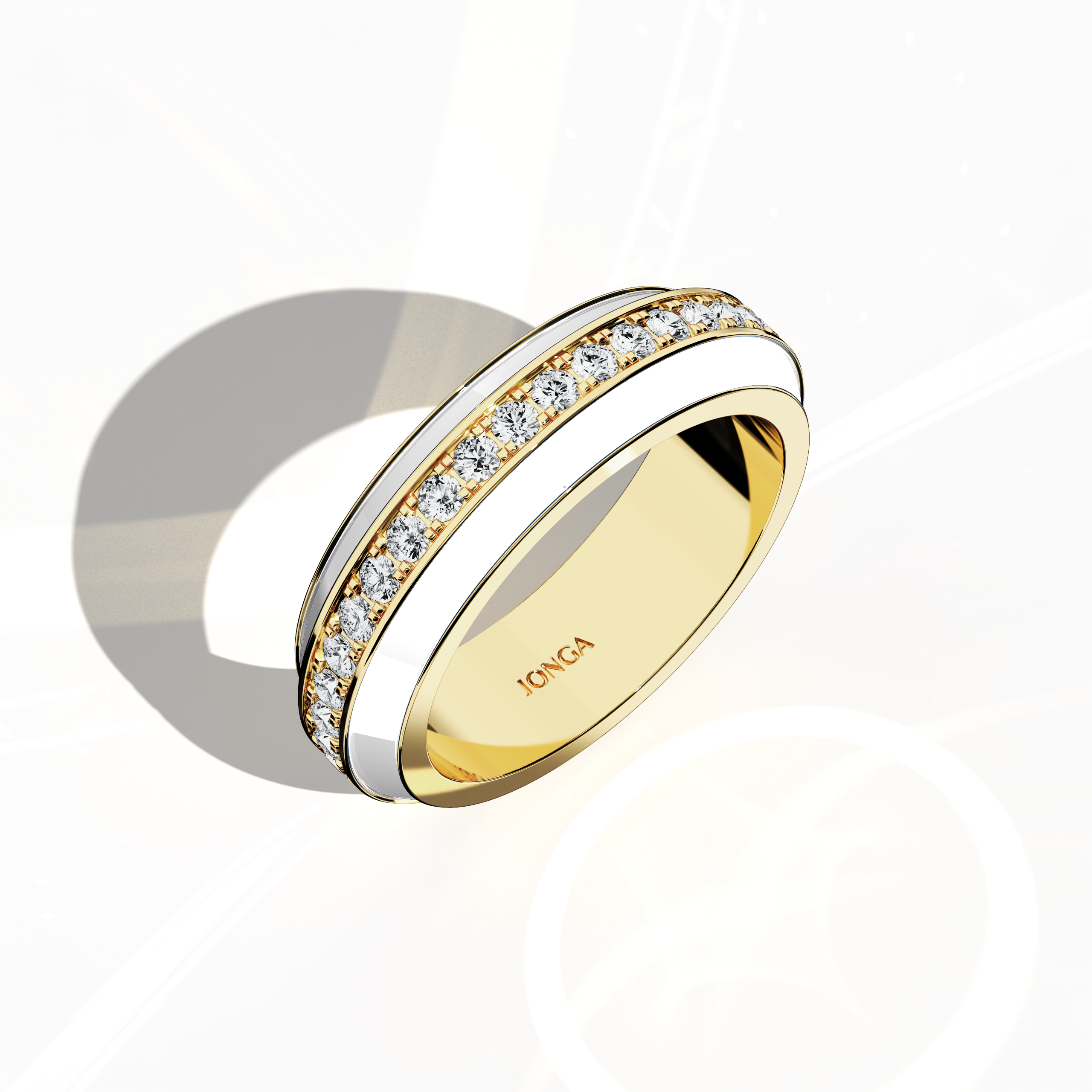 Admire the vibrant profile of this yellow gold ring, accentuated by radiant white glossy enamel and an up to 1 carat diamond paved in the center line. Viewed from a standing front top side perspective, the intricate pave band—known as Eternity Pave, Pavé Chic, and Carat Pave—showcases detailed diamond pavé work that accentuates the rich glow of yellow gold. This design fuses modern luxury with artistic finesse for a bold statement.
Keywords: enamel, diamond, pave, luxury, designer.