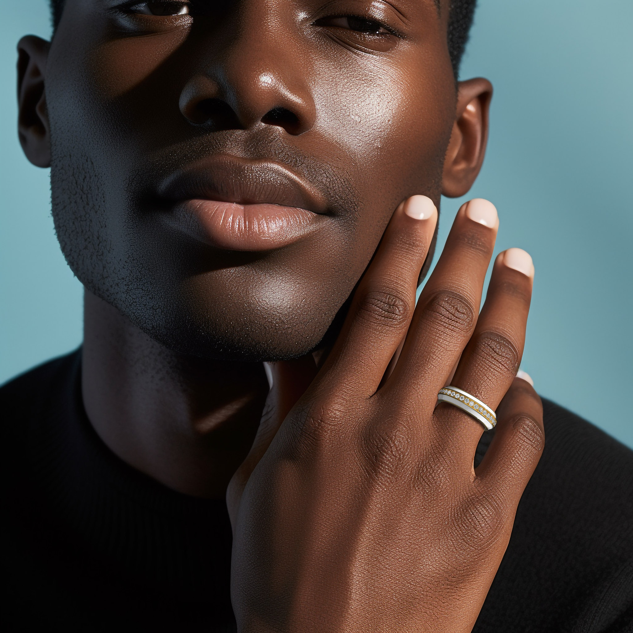 Elegantly worn on his finger, this yellow gold ring with luminous white glossy enamel and an up to 1 carat diamond paved in the center line epitomizes radiant luxury. The refined pave band—celebrated as Eternity Pave, Pavé Chic, and Carat Pave—is rendered with intricate diamond detailing that highlights the harmonious blend of warm yellow gold and crisp enamel. A true designer masterpiece, it exudes timeless elegance and modern flair.
Keywords: enamel, diamond, pave, luxury, designer.