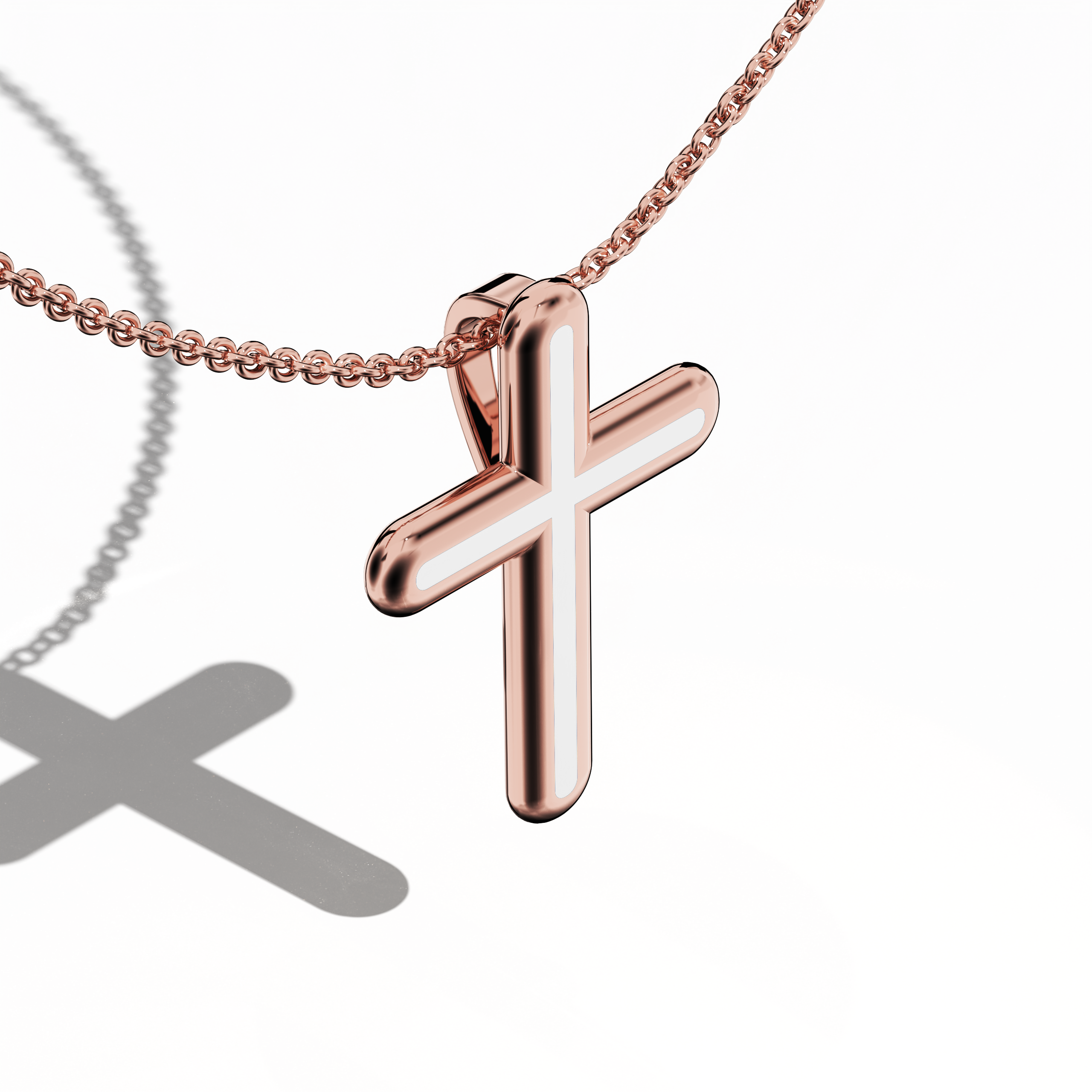 Simple Cross pendant in white Enamel in rose gold