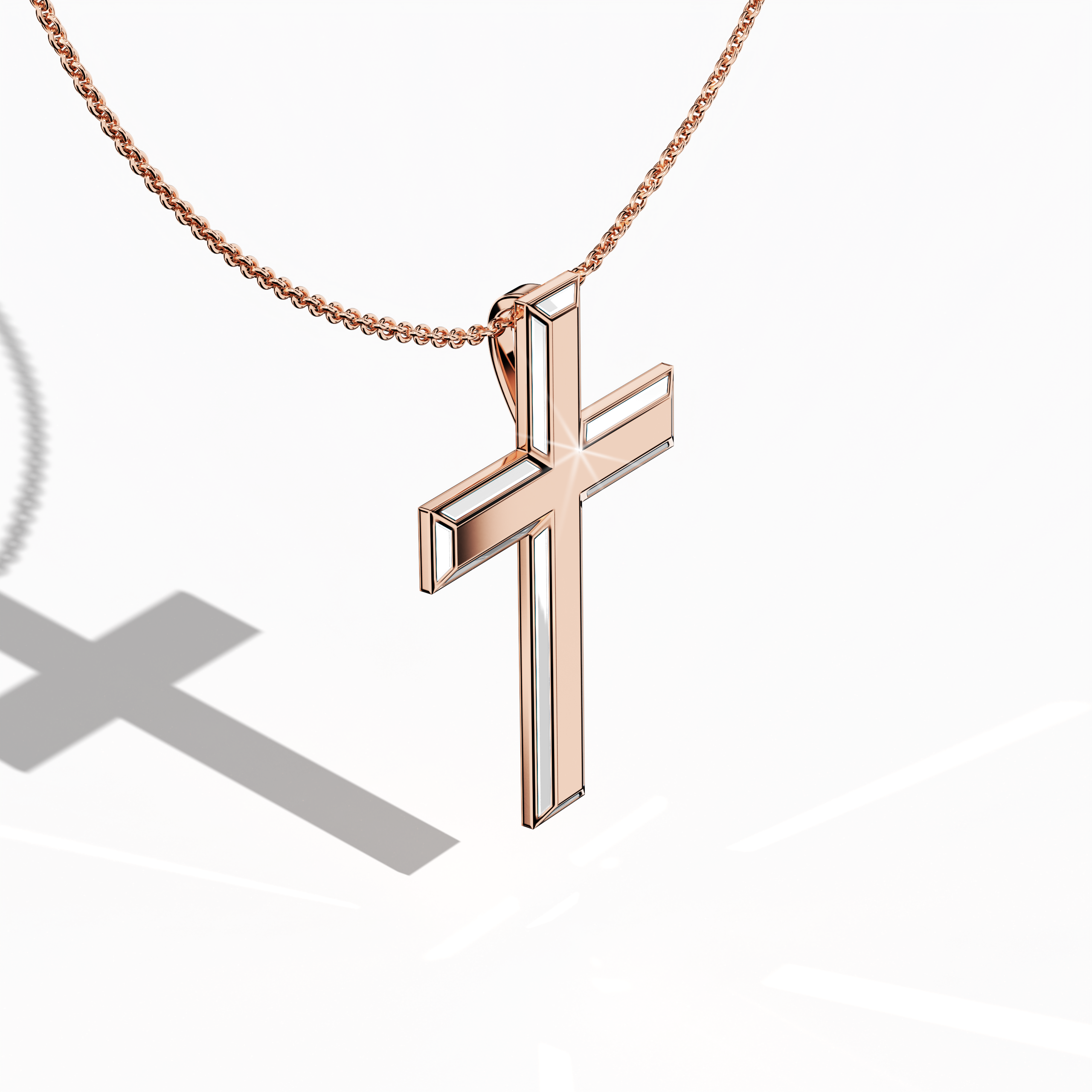 3 step cross pendant side white Enamel in rose Gold