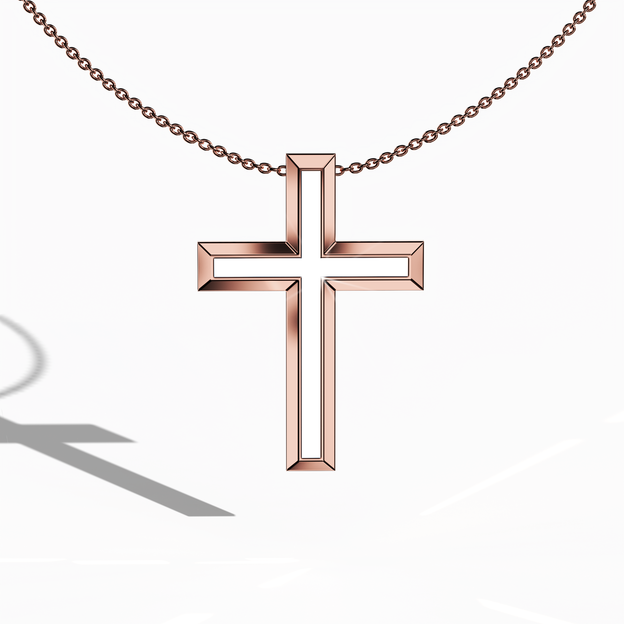 3 step cross pendant center white Enamel in rose Gold